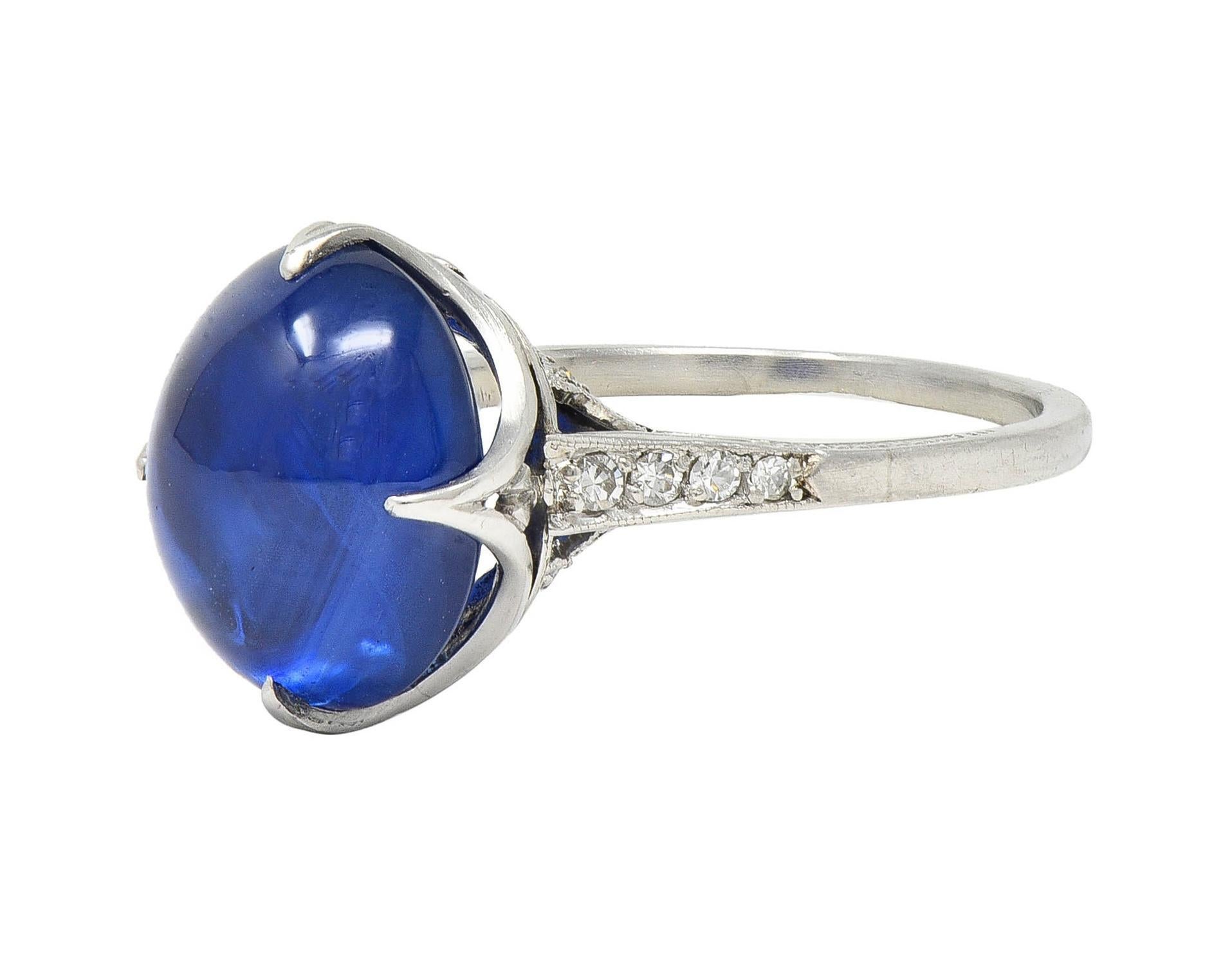 Art Deco 7.25 CTW No Heat Ceylon Sapphire Diamond Platinum Ribbon Antique Ring For Sale 3