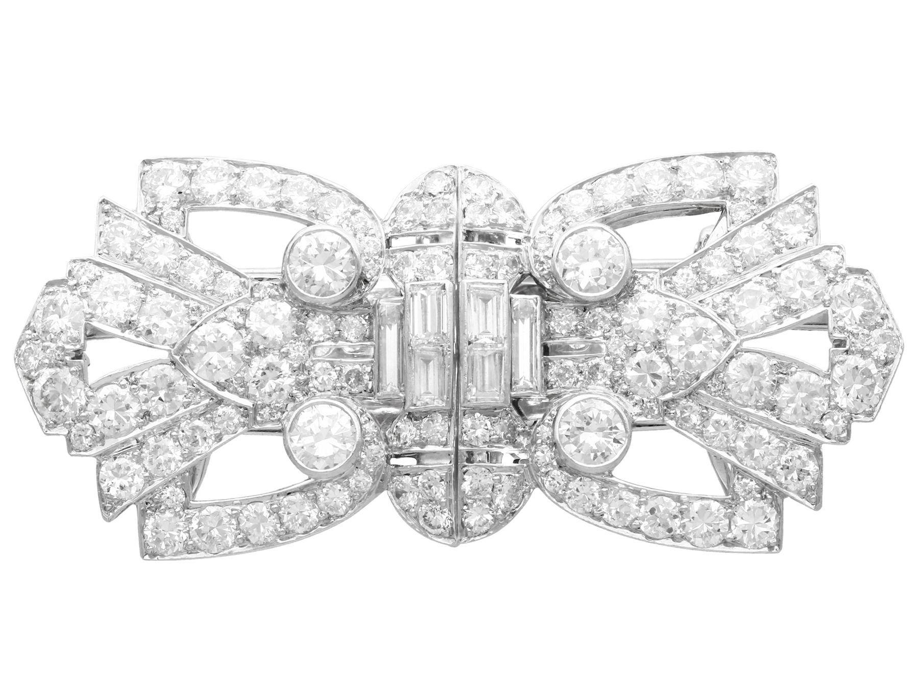 Round Cut Art Deco 7.27 Carat Diamond and Platinum White Gold Double Clip Brooch 