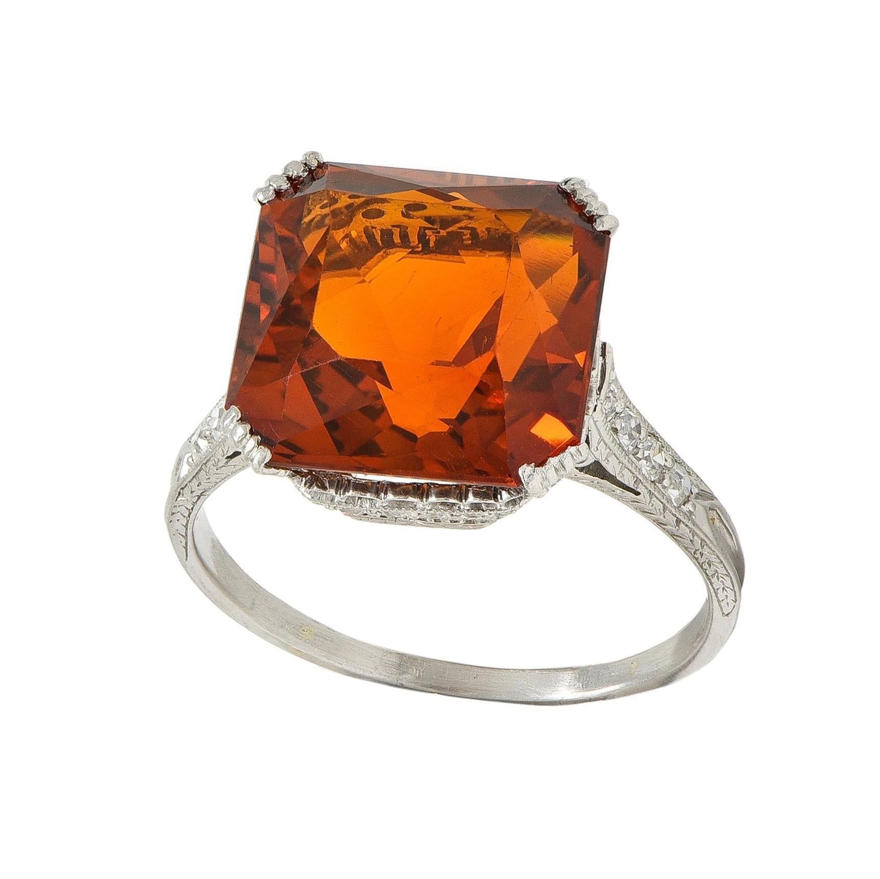 Art Deco 7.28 CTW Citrine Diamond Platinum Vintage Wheat Cocktail Ring en venta 4