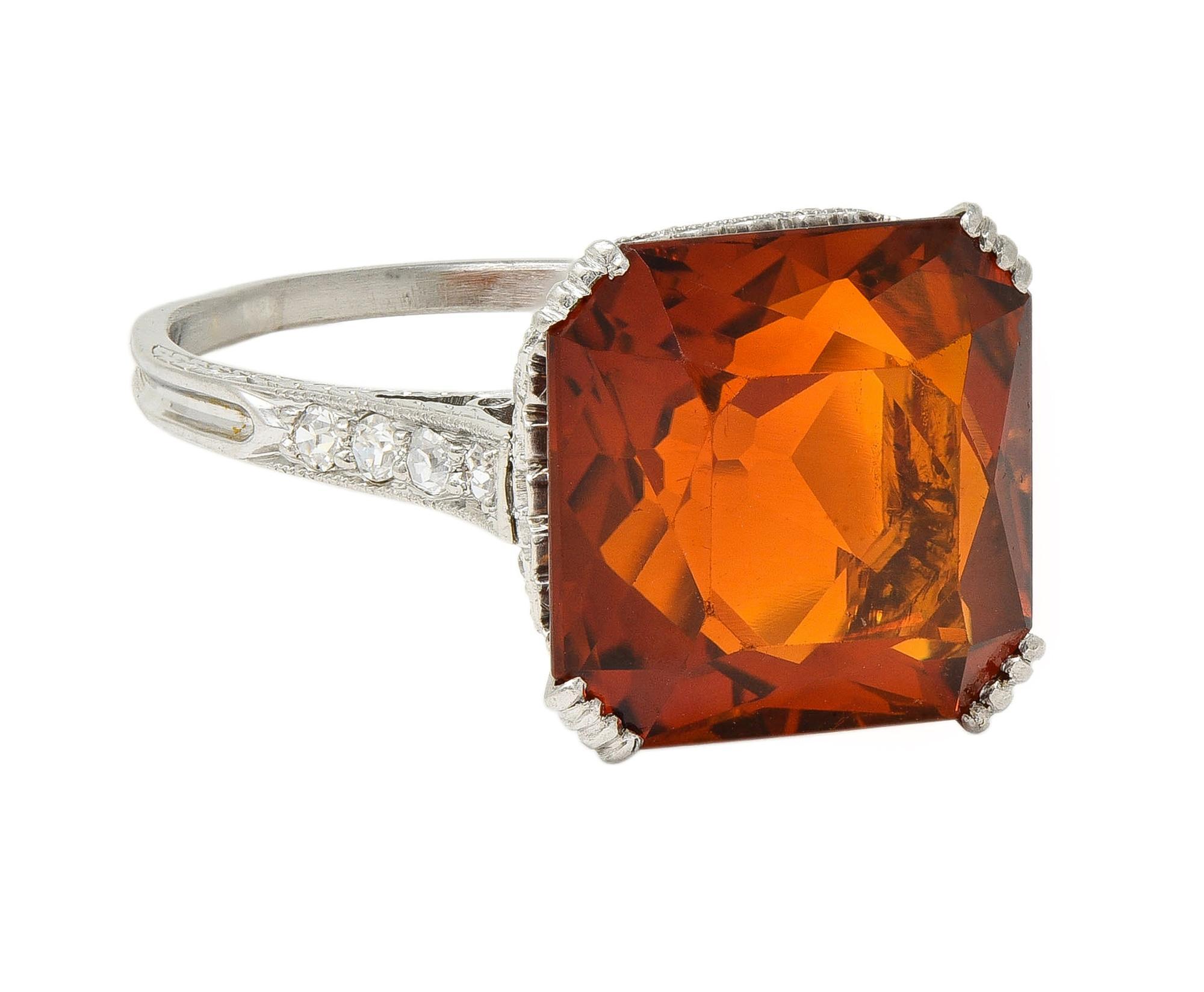 Art Deco 7.28 CTW Citrine Diamond Platinum Vintage Wheat Cocktail Ring Corte cuadrado en venta