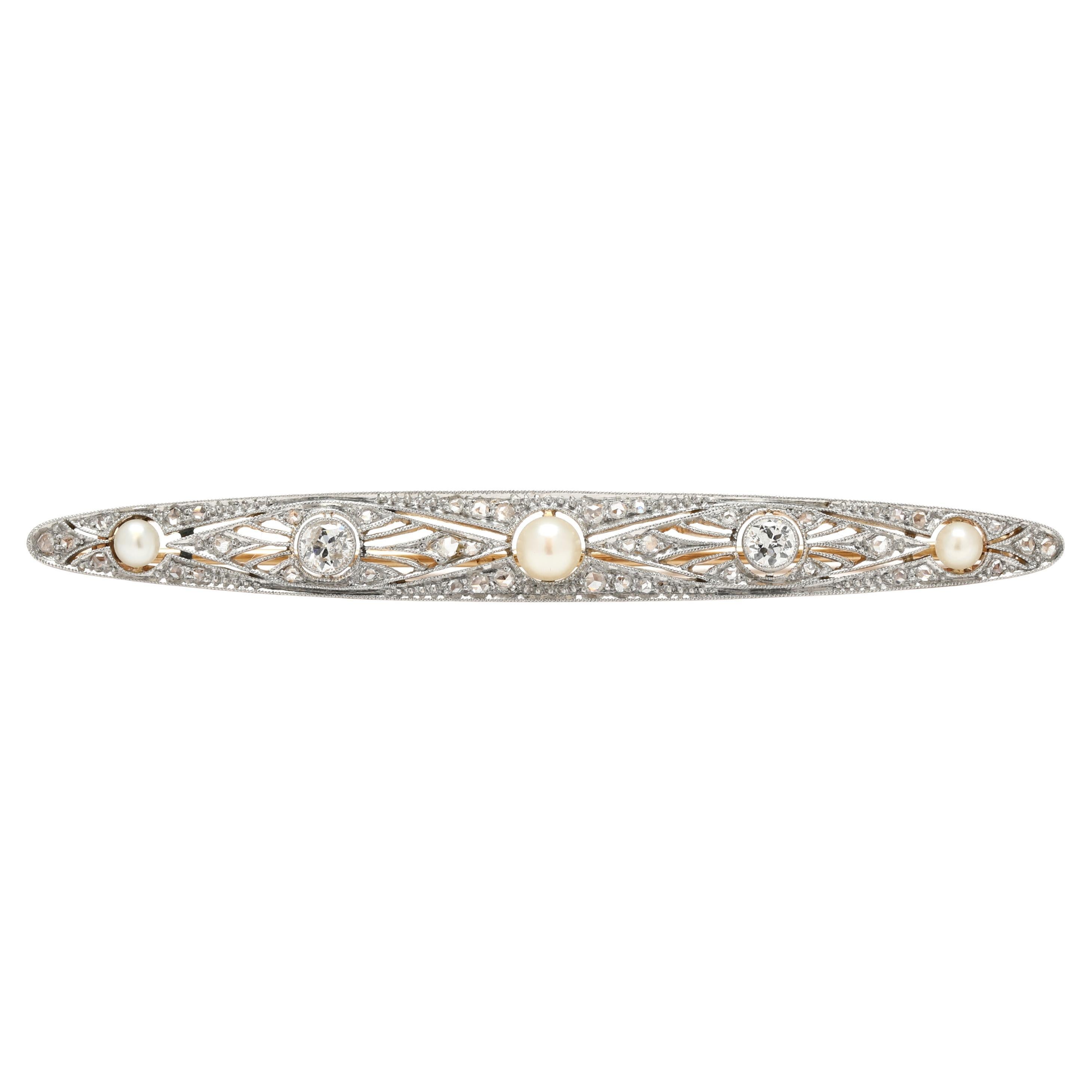 Art Deco .72ctw Diamond & Pearl Bar Brooch, 14k Yellow Gold and Platinum