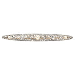 Art Deco .72ctw Diamond & Pearl Bar Brooch, 14k Yellow Gold and Platinum