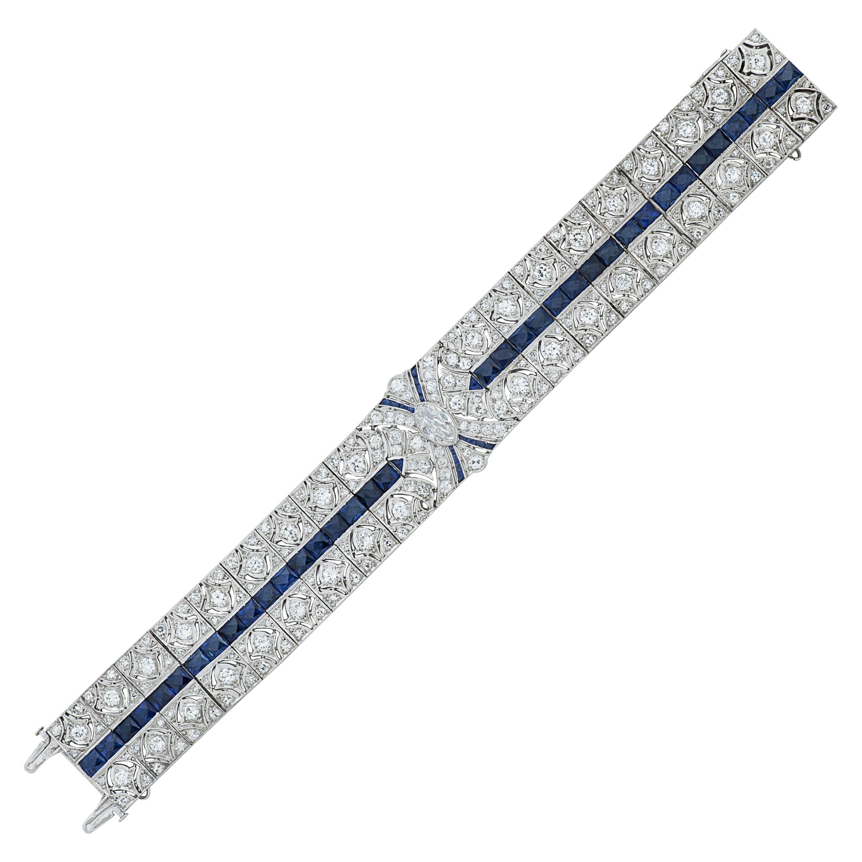Art Deco 7.30 Carat Diamond and Sapphire Platinum Bracelet