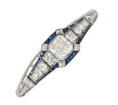 Art Deco 7,32 CTW Asscher Diamond Sapphire Platinum Vintage Panel Line Bracelet