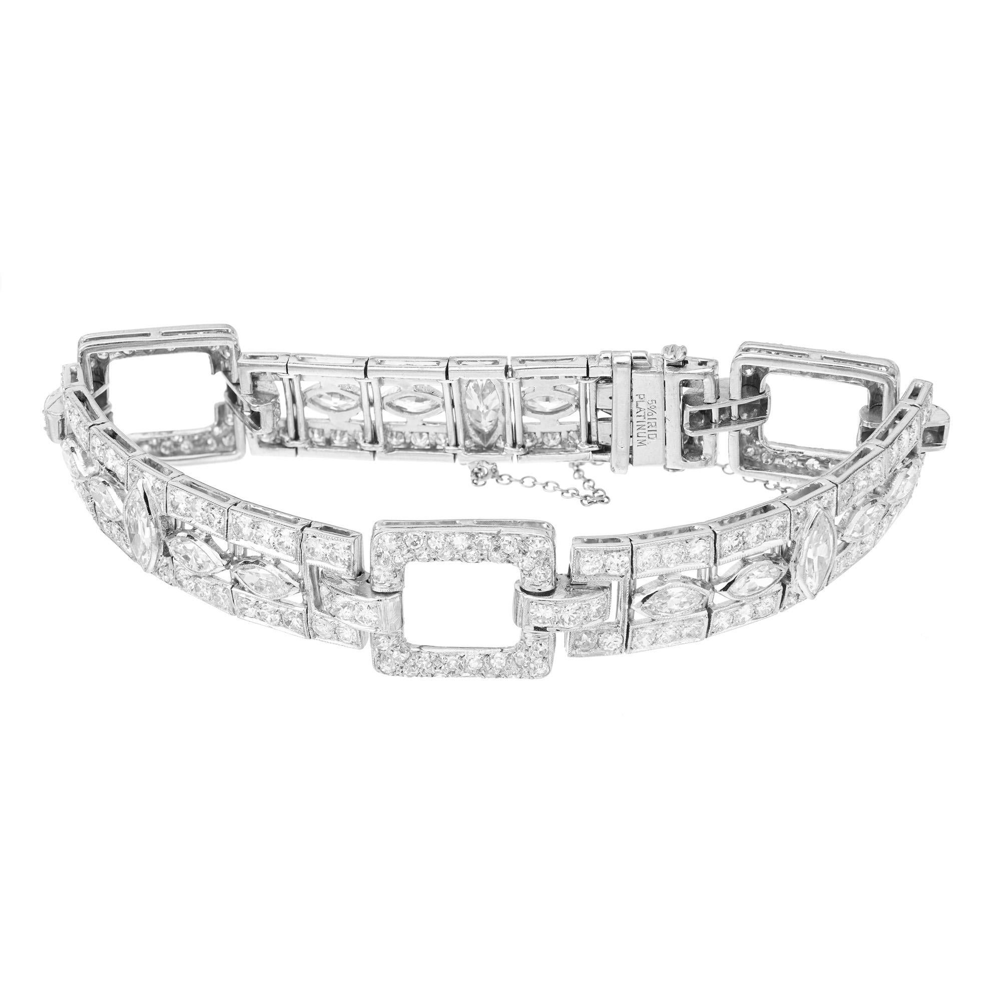 Marquise Cut Art Deco 7.35 Carat Marquise Round Diamond Link Platinum Bracelet For Sale