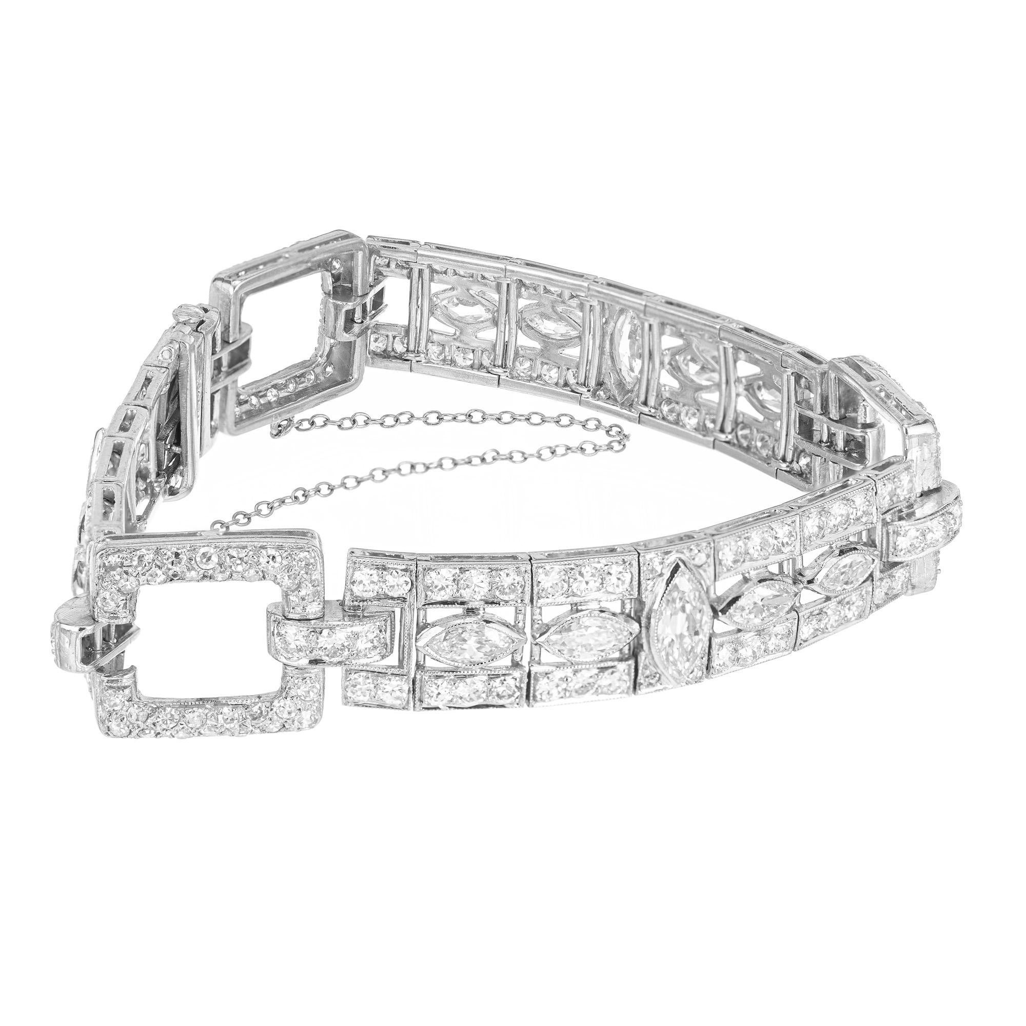 Art Deco 7.35 Carat Marquise Round Diamond Link Platinum Bracelet In Good Condition For Sale In Stamford, CT