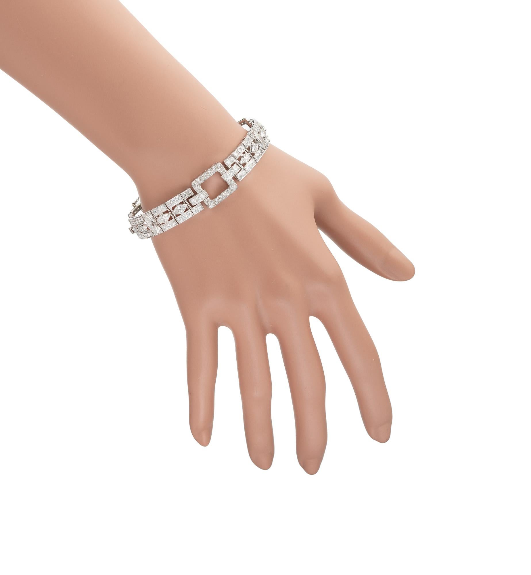 Art Deco 7.35 Carat Marquise Round Diamond Link Platinum Bracelet For Sale 1