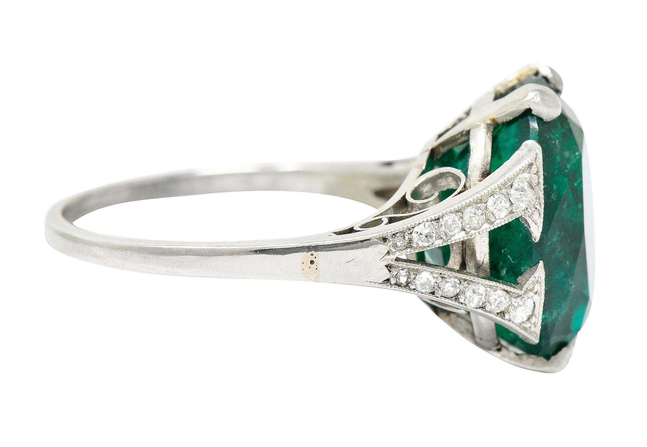 Emerald Cut Art Deco 7.45 CTW Colombian Emerald Diamond Platinum Ring GIA