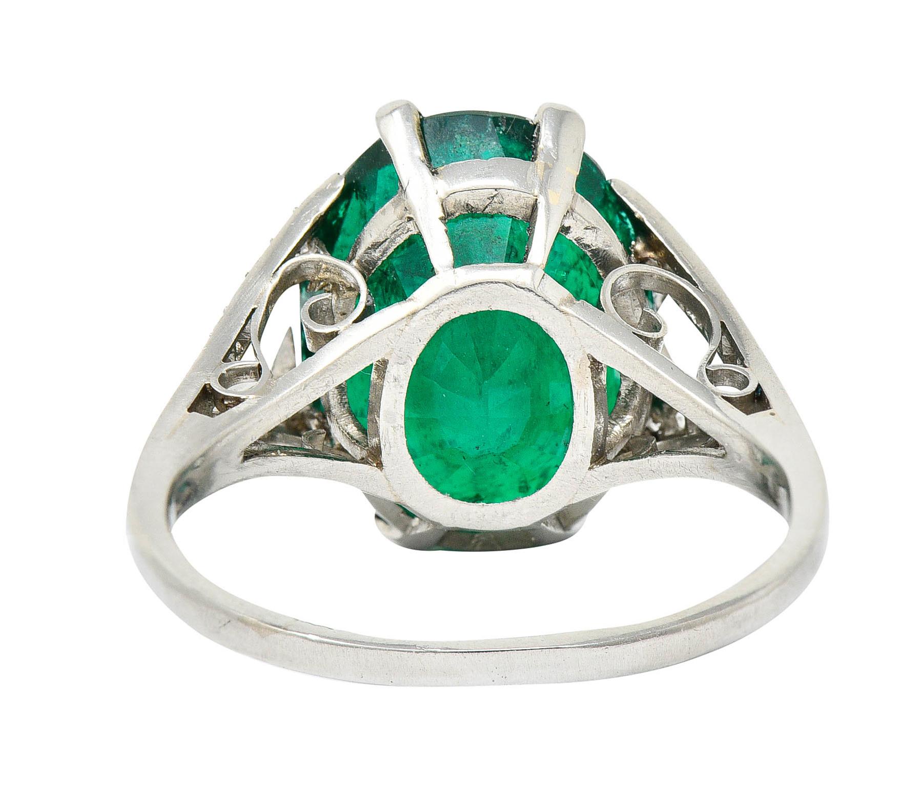 Art Deco 7.45 CTW Colombian Emerald Diamond Platinum Ring GIA In Excellent Condition In Philadelphia, PA