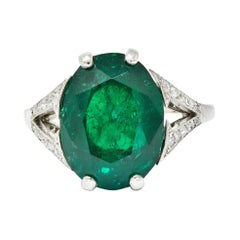 Art Deco 7.45 CTW Colombian Emerald Diamond Platinum Ring GIA