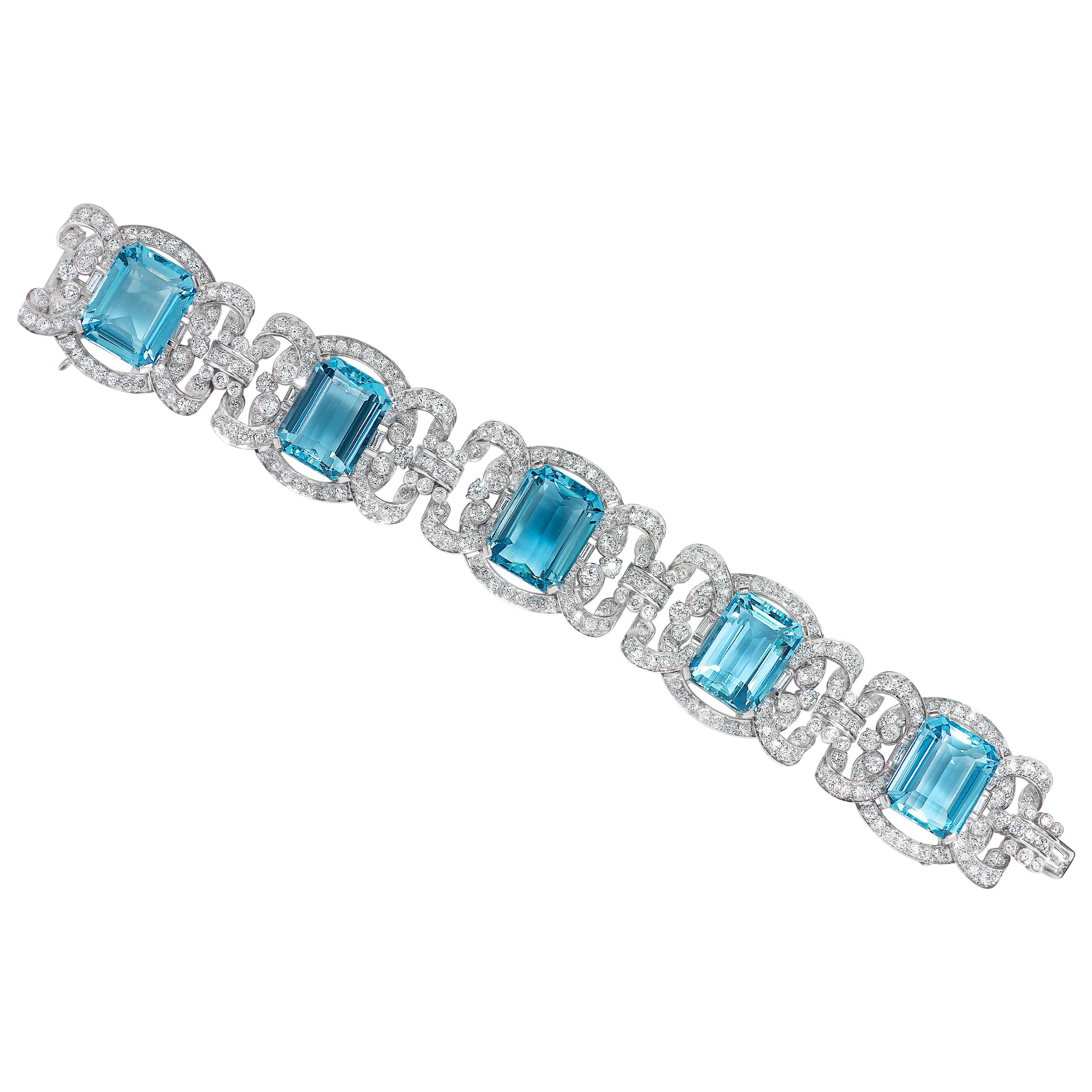 Art Deco 75.91 Carat Aquamarine and 10.00 Carat Diamond Platinum Link Bracelet