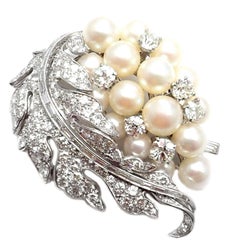 Art Deco 7.5 Carat Diamond Pearl Leaf Platinum Pin Brooch