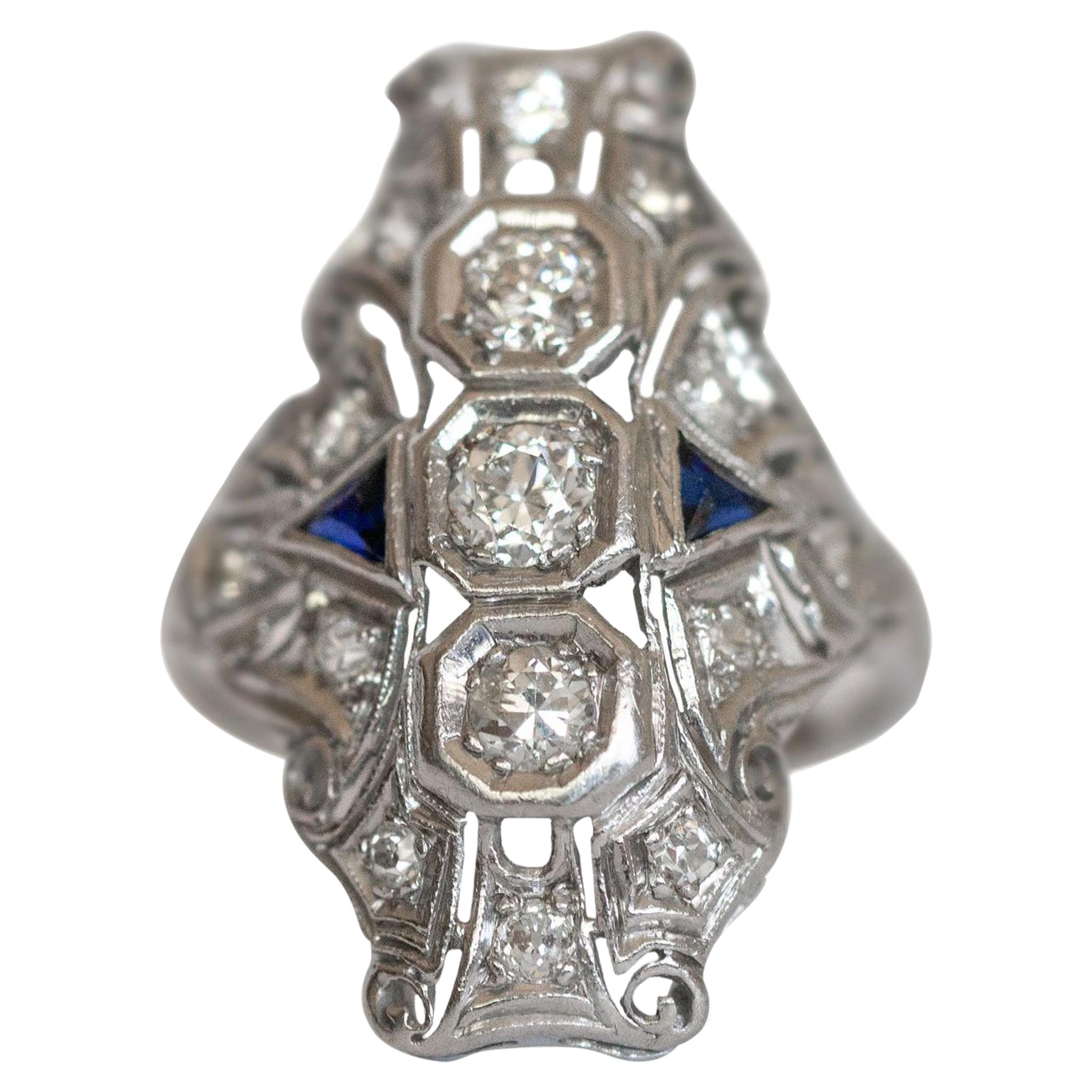 Art Deco .76 Carat Old European Cut Diamond and Blue Sapphire Shield Ring