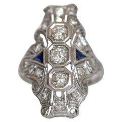 Art Deco .76 Carat Old European Cut Diamond and Blue Sapphire Shield Ring