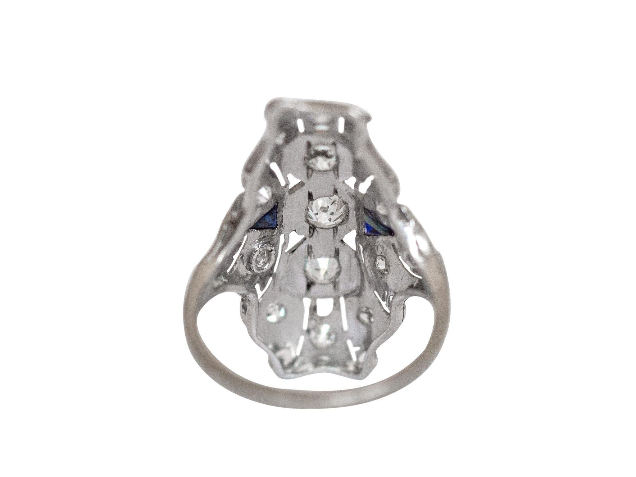 Art Deco .76 Carat Old European Cut Diamond and Blue Sapphire Shield Ring In Good Condition In Addison, TX
