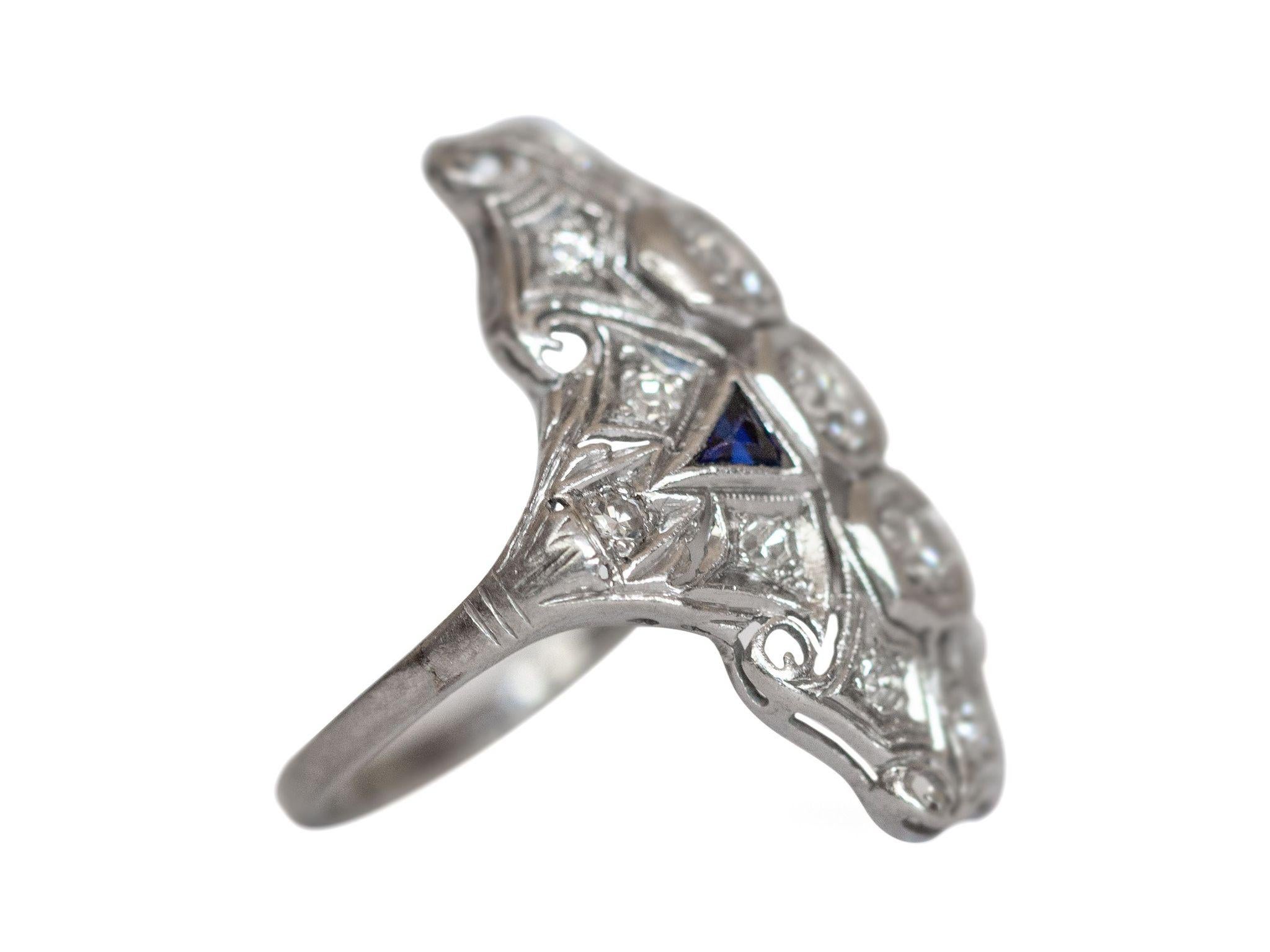 Women's Art Deco .76 Carat Old European Cut Diamond and Blue Sapphire Shield Ring
