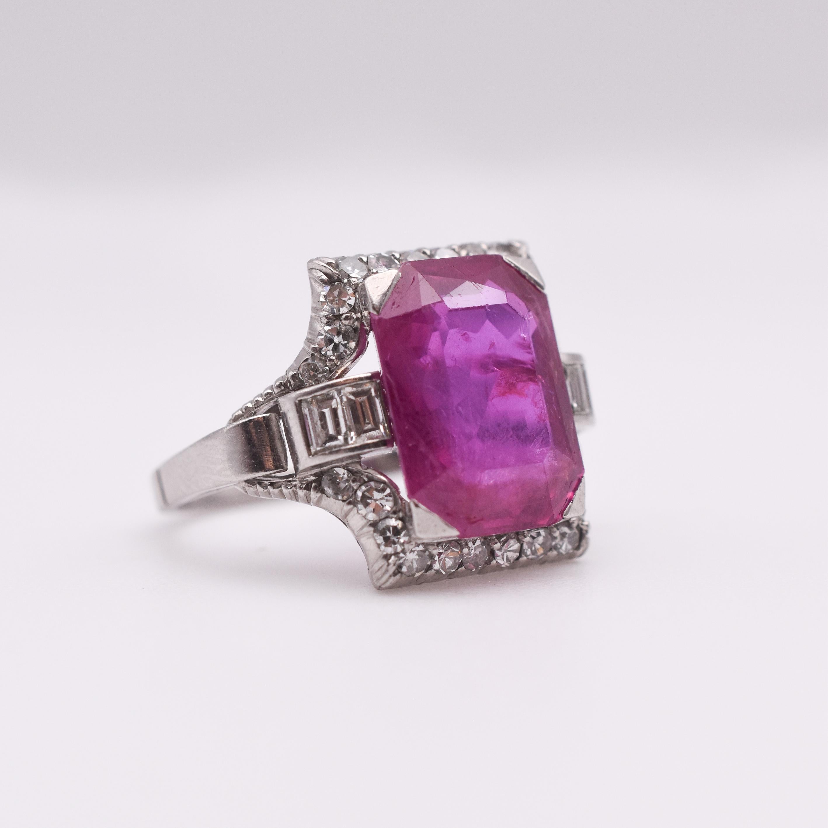 Emerald Cut Art Deco 7.60ct Burma No Heat Ruby and Diamond Ring mounted on Platinum For Sale