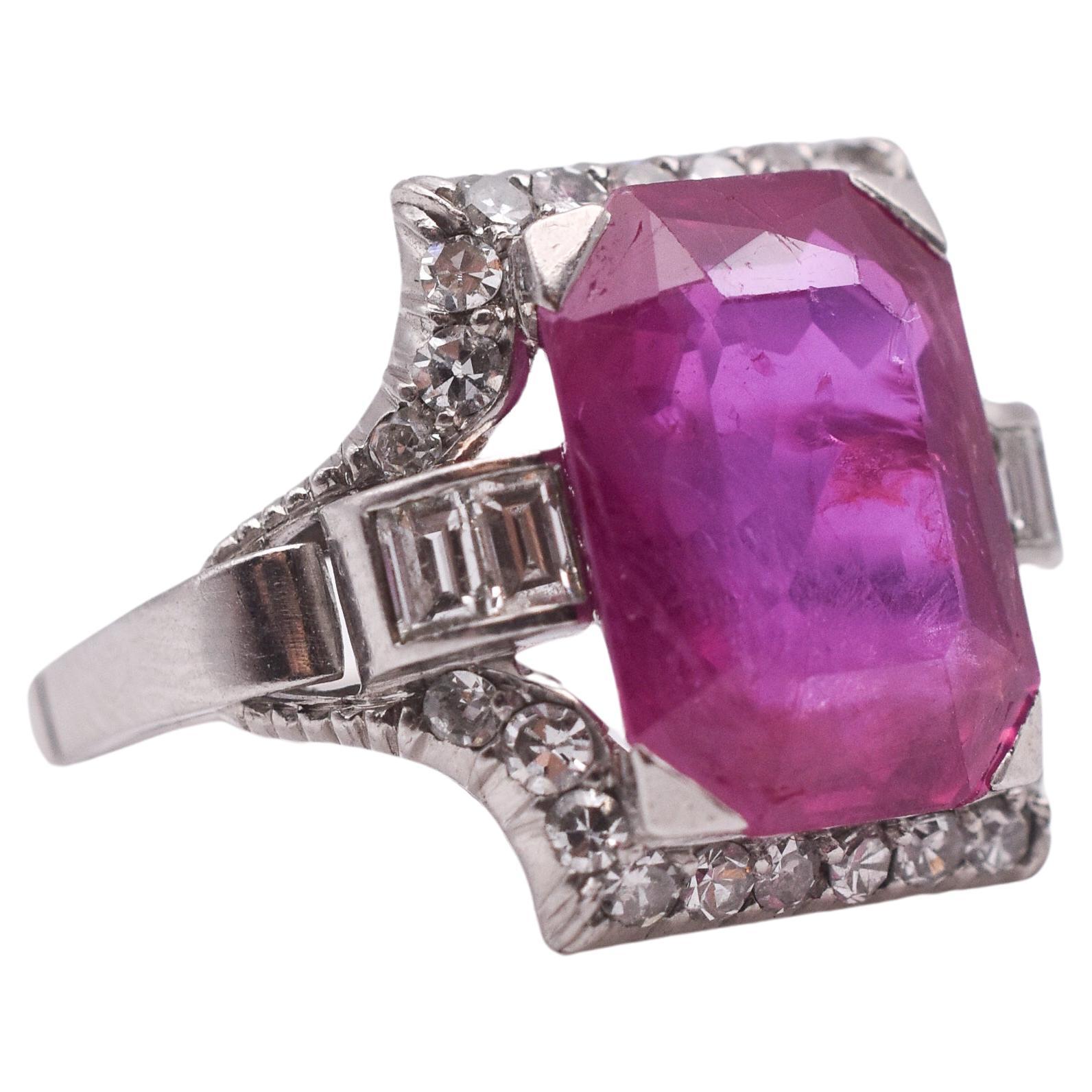 Art Deco 7.60ct Burma No Heat Ruby and Diamond Ring mounted on Platinum For Sale
