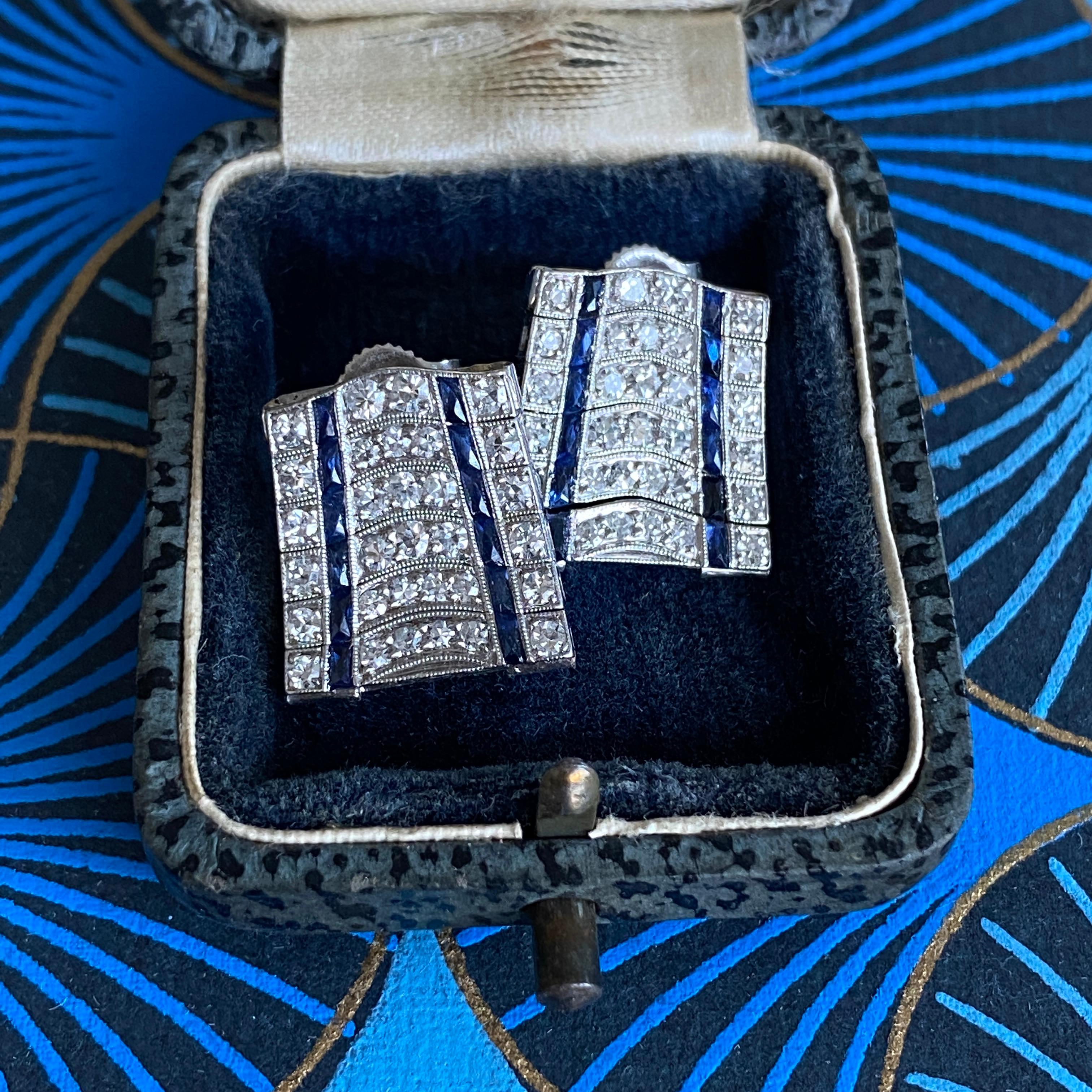 Art Deco .76ct Diamond Sapphire Platinum Earrings For Sale 5