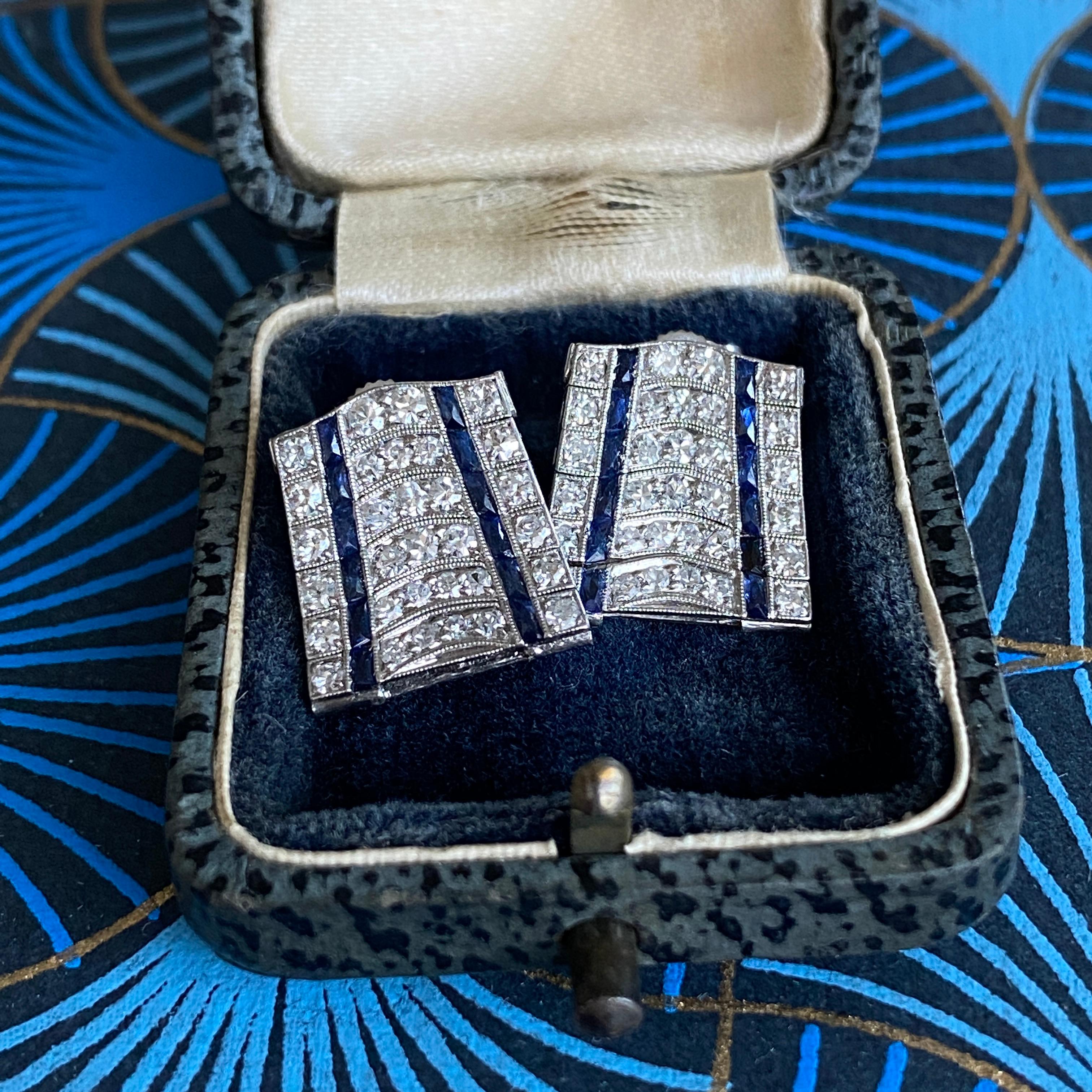 Art Deco .76ct Diamond Sapphire Platinum Earrings For Sale 6