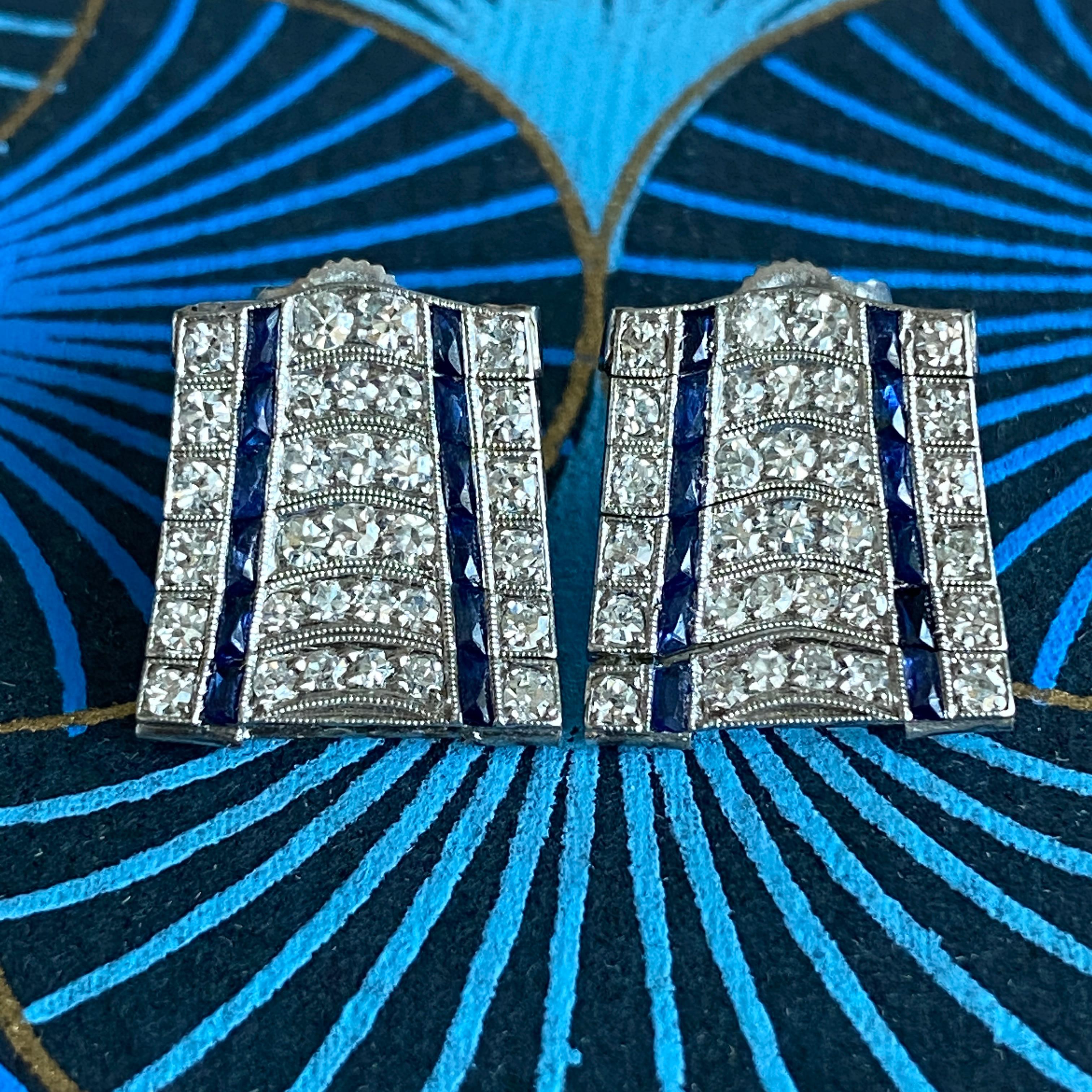 Single Cut Art Deco .76ct Diamond Sapphire Platinum Earrings For Sale