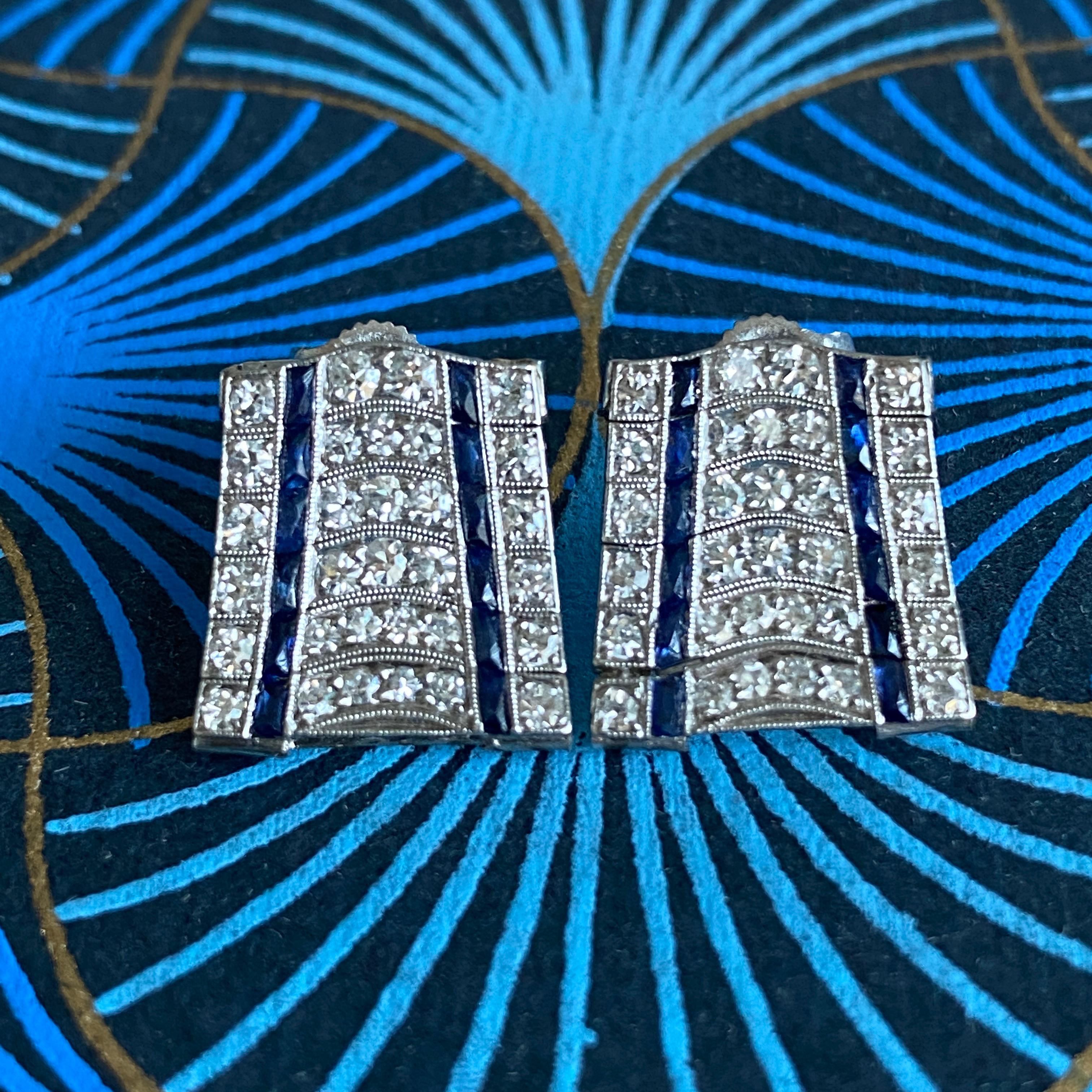 Women's Art Deco .76ct Diamond Sapphire Platinum Earrings For Sale