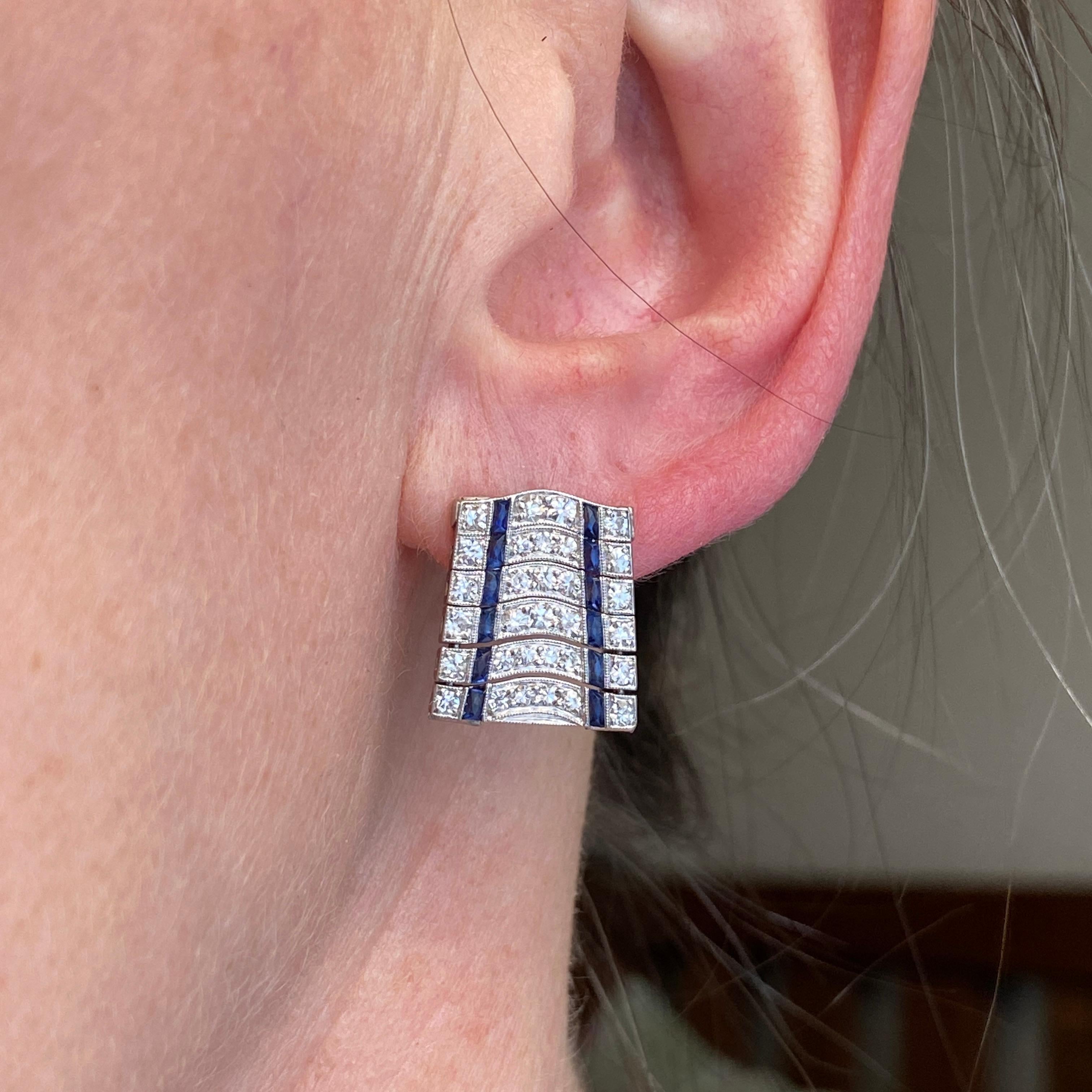 Art Deco .76ct Diamond Sapphire Platinum Earrings For Sale 2