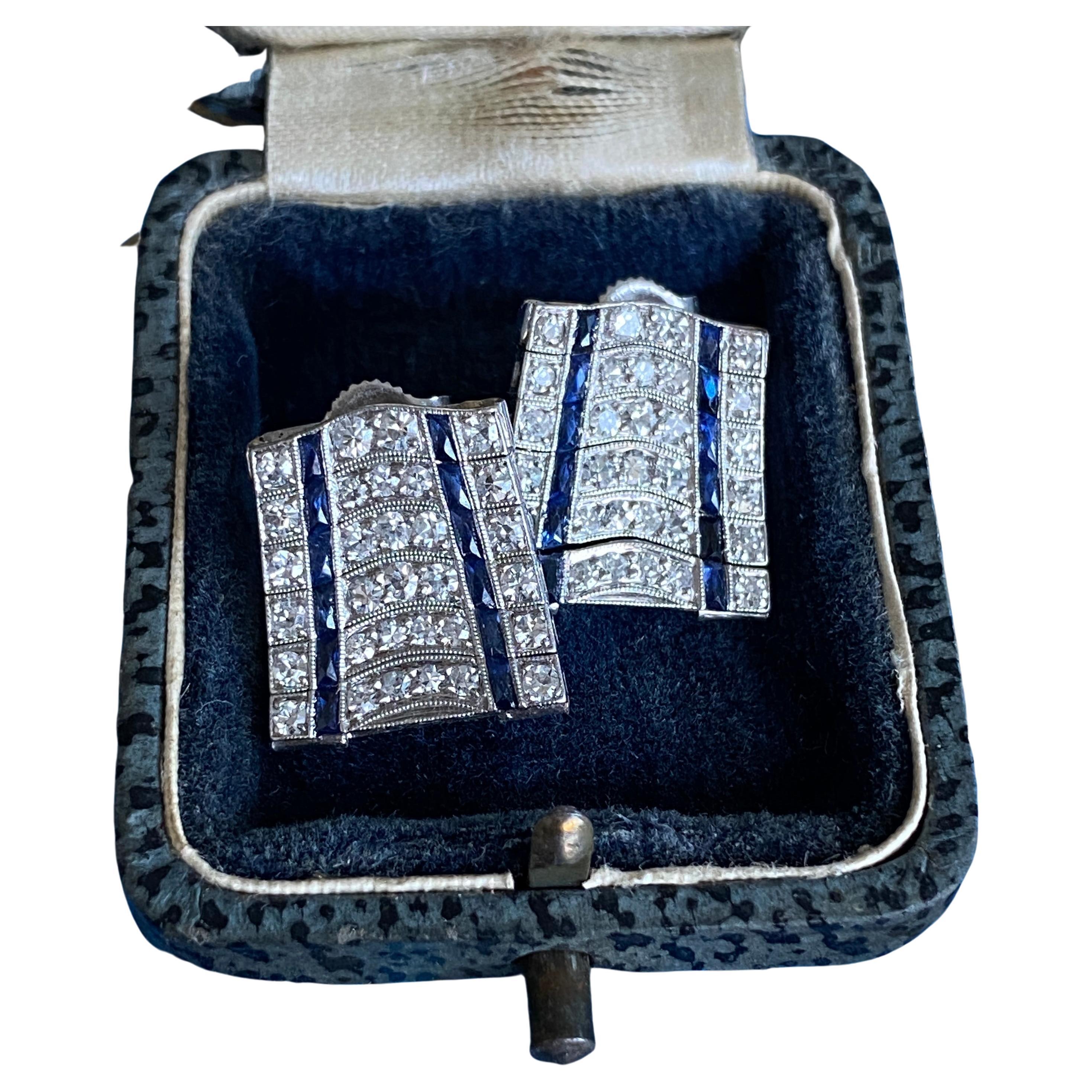 Art Deco .76ct Diamond Sapphire Platinum Earrings For Sale