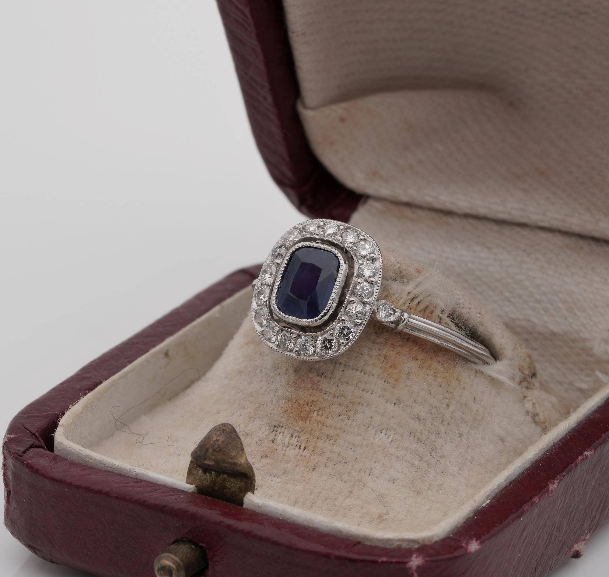 Women's Art Deco .77 Ct Natural No Heat Ceylon Sapphire .55 Carat Diamond Platinum Ring For Sale