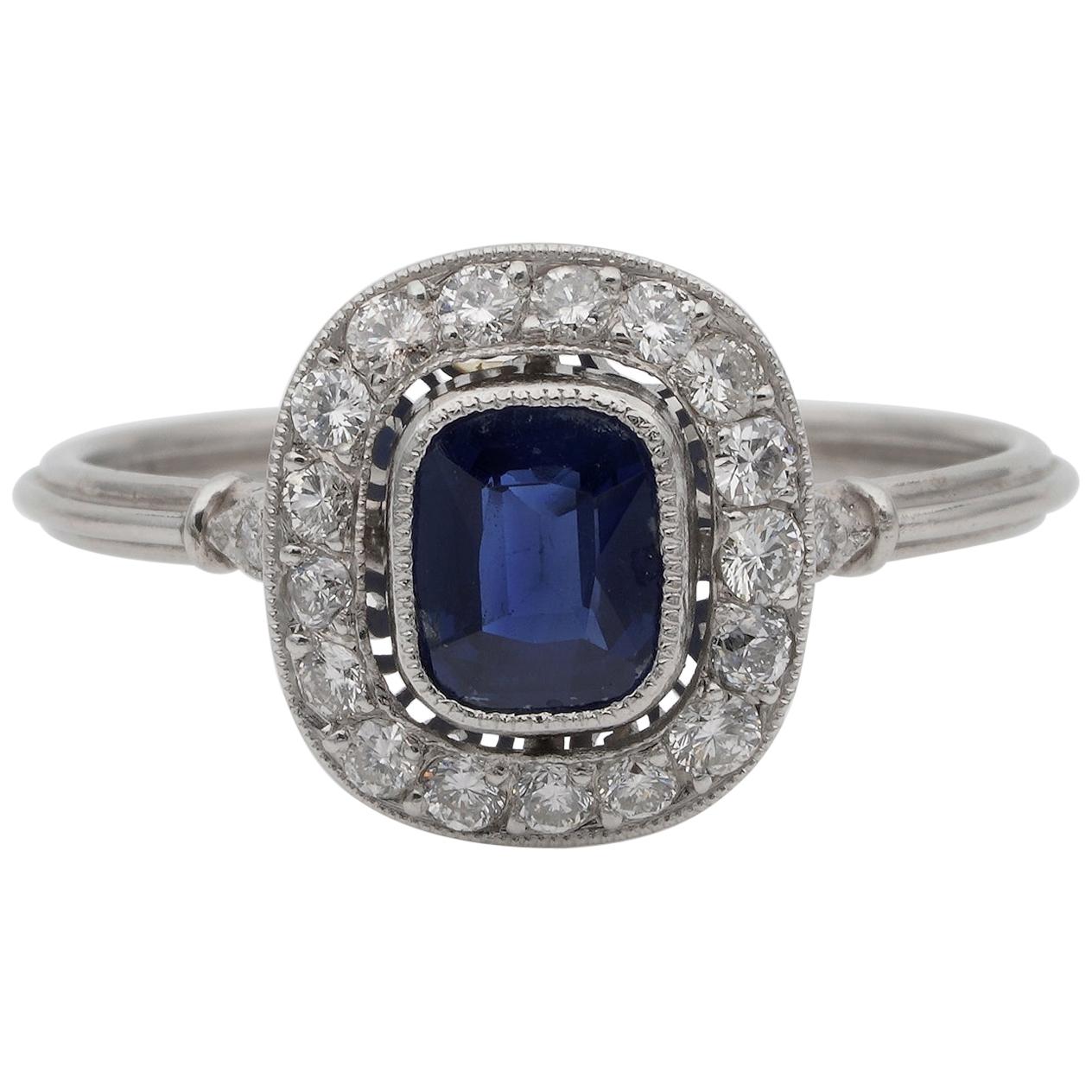 Art Deco .77 Ct Natural No Heat Ceylon Sapphire .55 Carat Diamond Platinum Ring For Sale