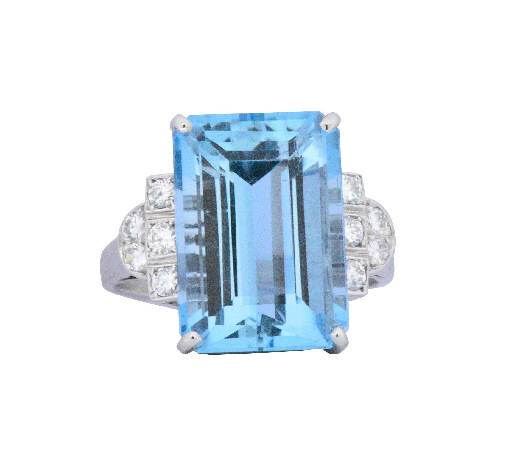 Round Cut Art Deco 7.75 Carat Aquamarine Diamond Platinum Cocktail Ring