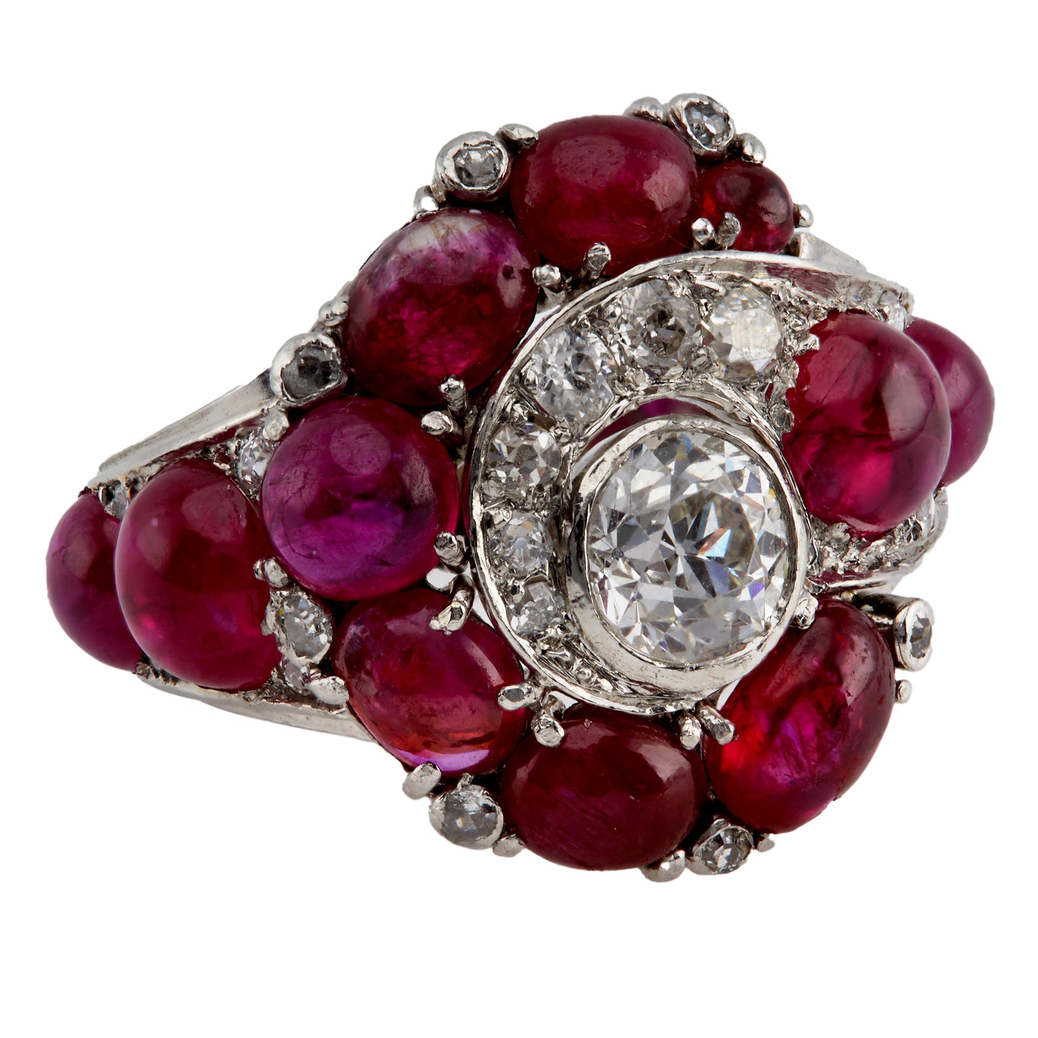 Women's or Men's Art Deco 7.75 Carat Total Weight Ruby and Diamond Platinum Ring
