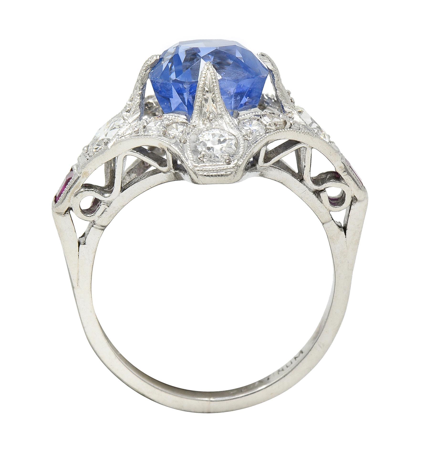 Art Deco 7.92 CTW No Heat Ceylon Sapphire Diamond Ruby Platinum Ring GIA For Sale 5
