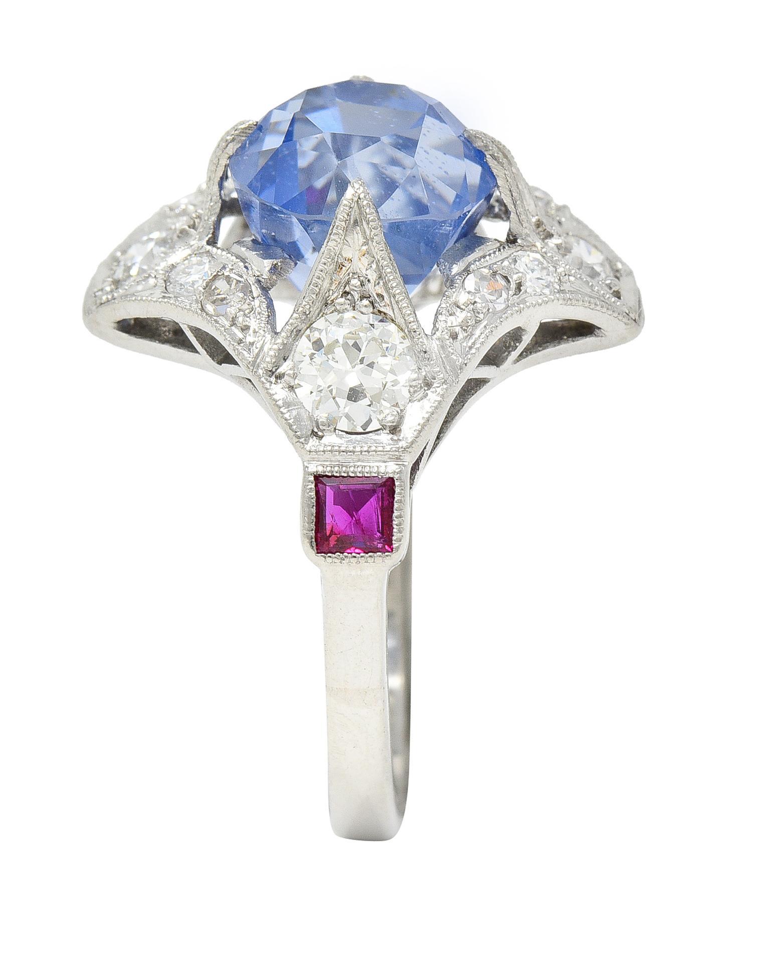 Art Deco 7.92 CTW No Heat Ceylon Sapphire Diamond Ruby Platinum Ring GIA For Sale 6