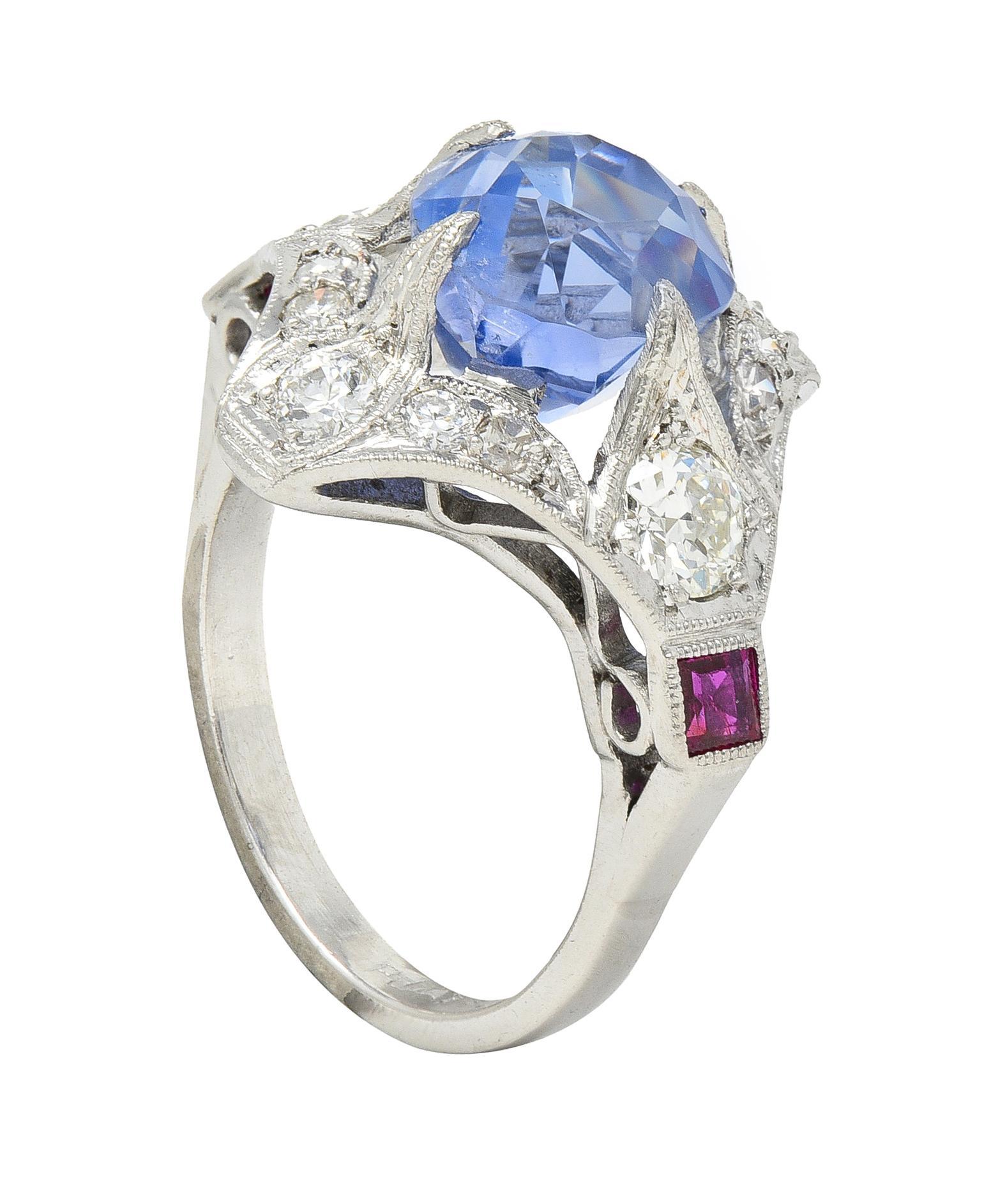 Art Deco 7.92 CTW No Heat Ceylon Sapphire Diamond Ruby Platinum Ring GIA For Sale 7