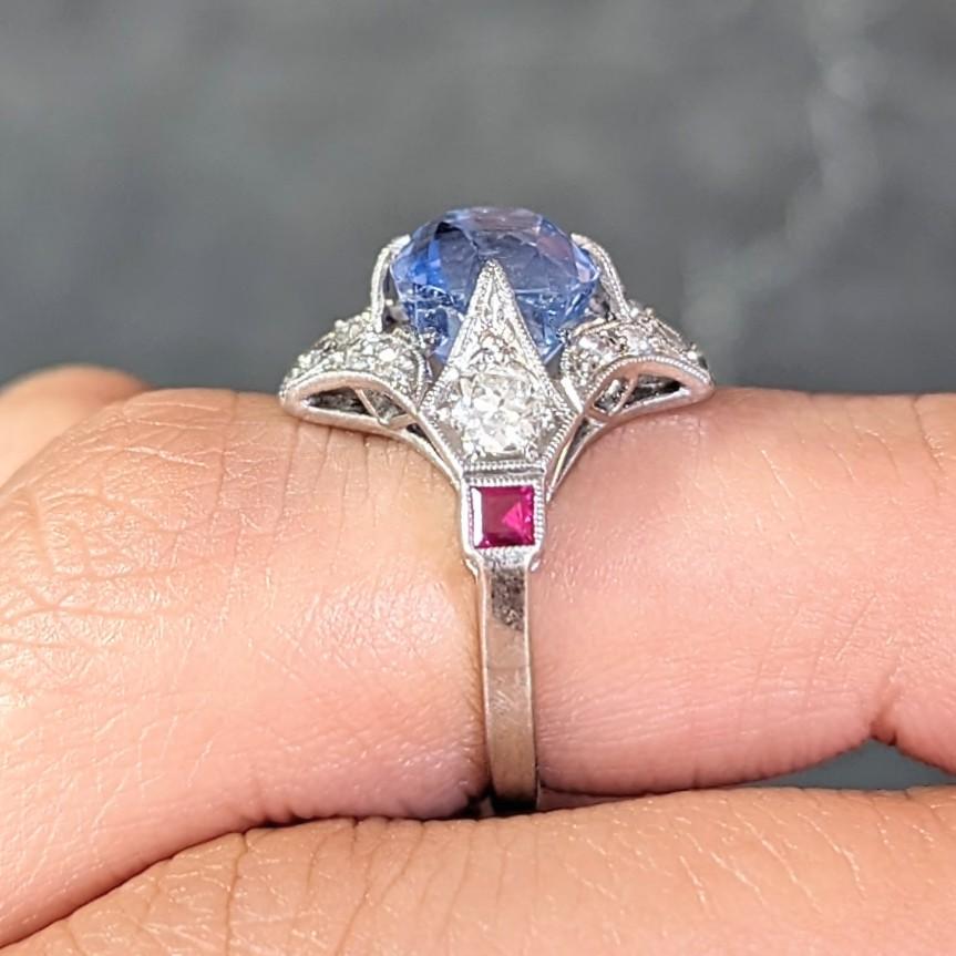 Art Deco 7.92 CTW No Heat Ceylon Sapphire Diamond Ruby Platinum Ring GIA For Sale 9