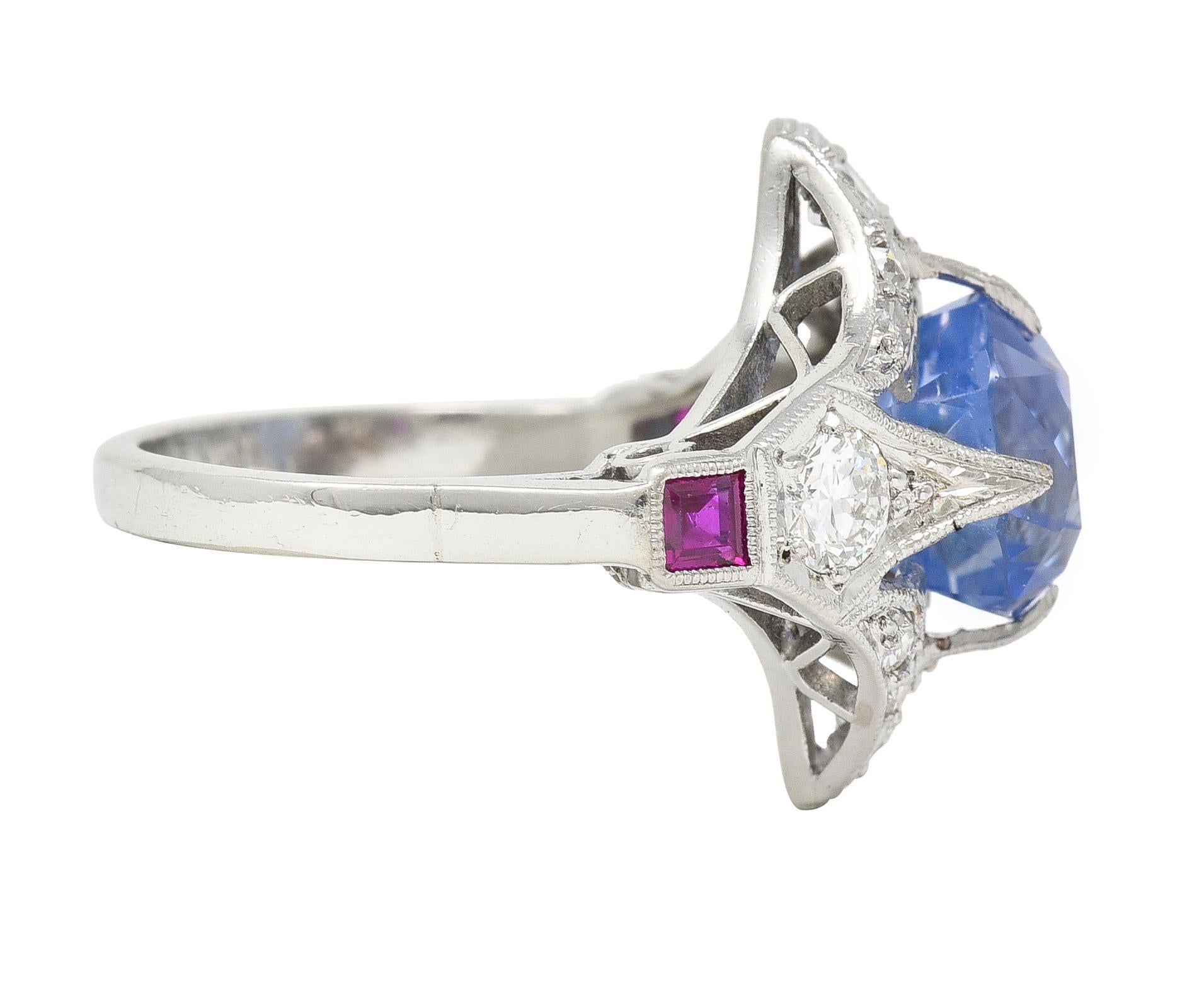 Art Deco 7.92 CTW No Heat Ceylon Sapphire Diamond Ruby Platinum Ring GIA In Excellent Condition For Sale In Philadelphia, PA
