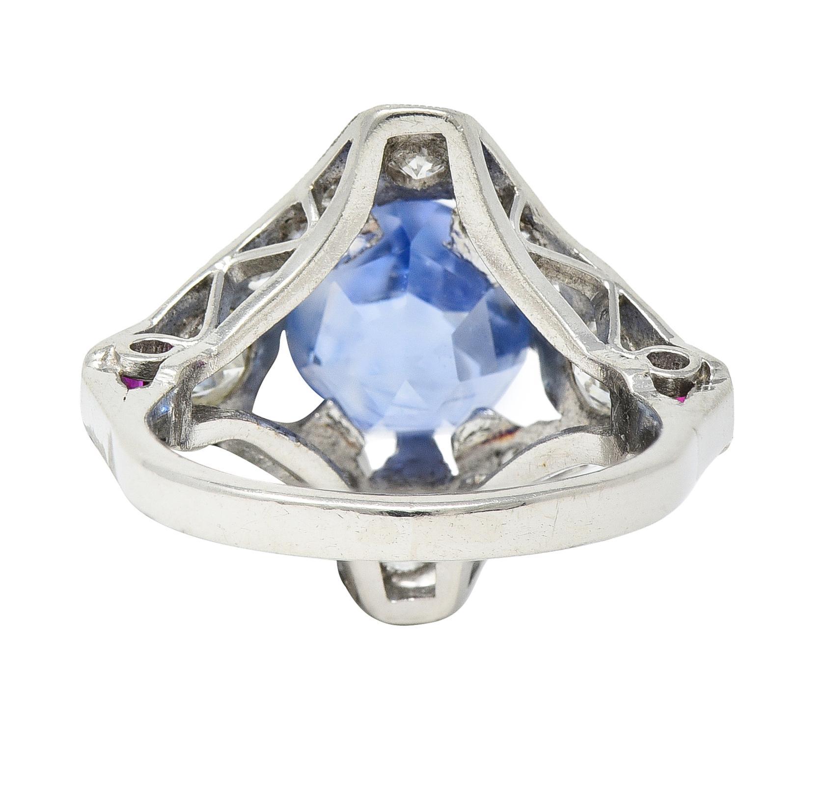 Women's or Men's Art Deco 7.92 CTW No Heat Ceylon Sapphire Diamond Ruby Platinum Ring GIA For Sale