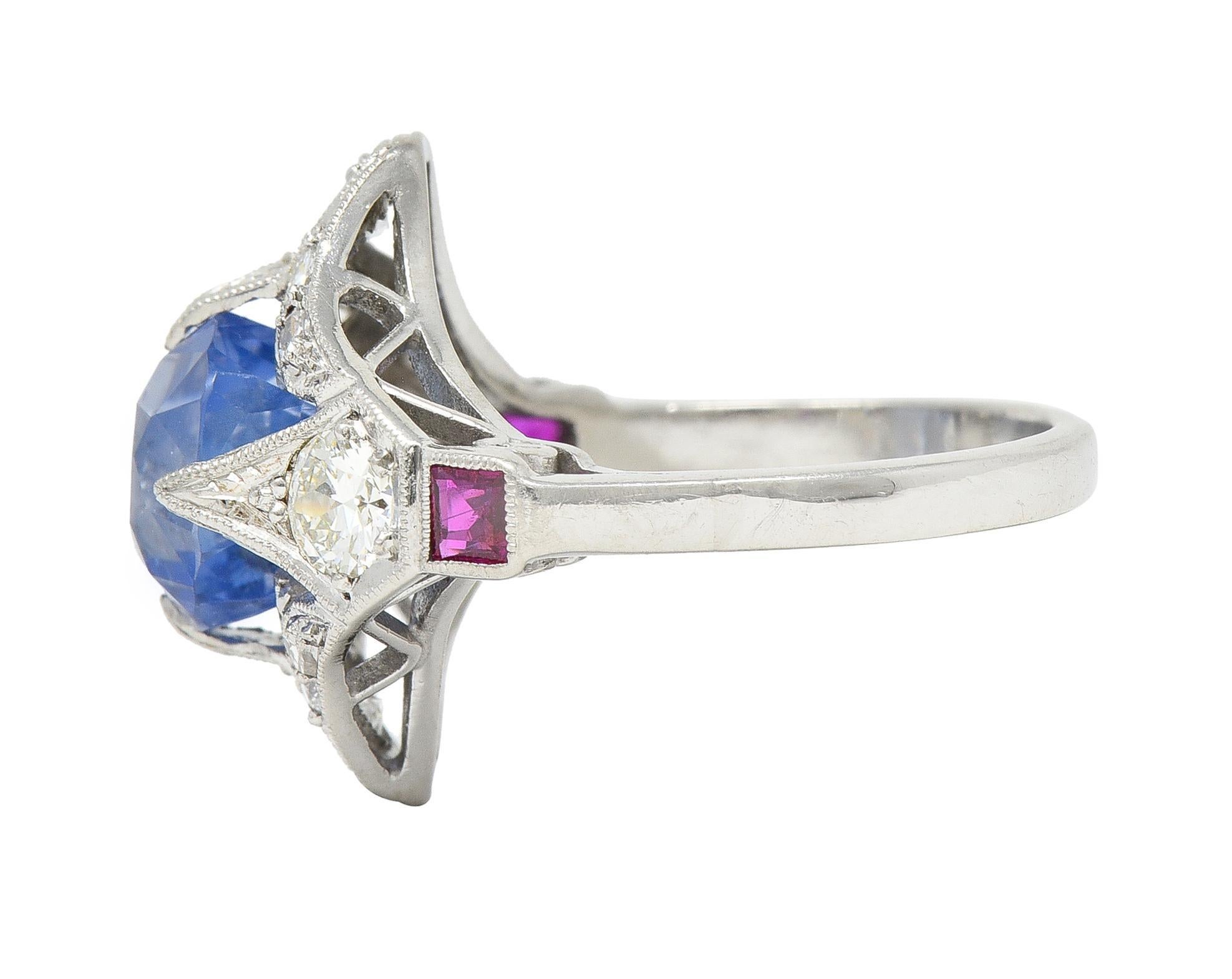 Art Deco 7.92 CTW No Heat Ceylon Sapphire Diamond Ruby Platinum Ring GIA For Sale 1