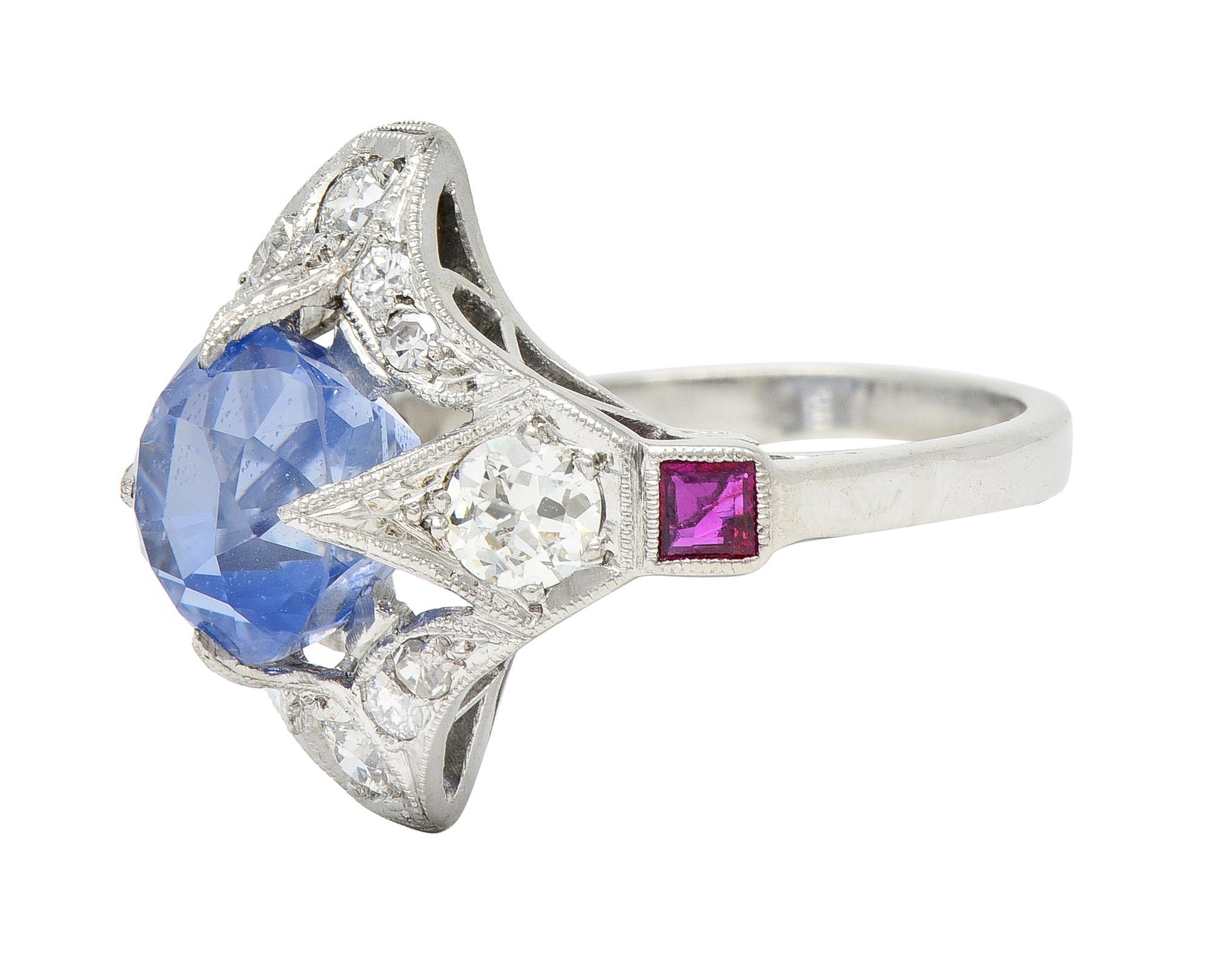 Art Deco 7.92 CTW No Heat Ceylon Sapphire Diamond Ruby Platinum Ring GIA For Sale 2
