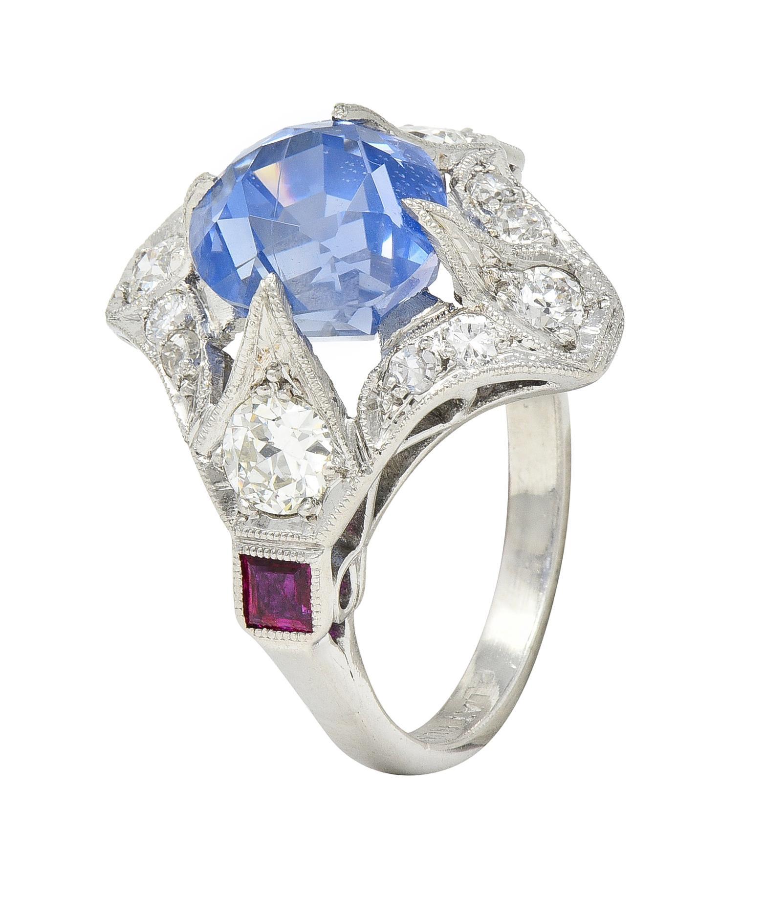 Art Deco 7.92 CTW No Heat Ceylon Sapphire Diamond Ruby Platinum Ring GIA For Sale 4
