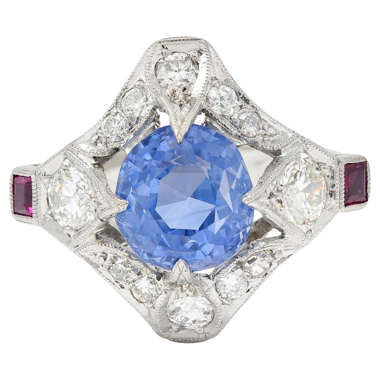 Art Deco 7.92 CTW No Heat Ceylon Sapphire Diamond Ruby Platinum Ring GIA