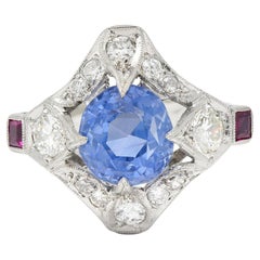 Art Deco 7,92 Karat unbehandelter Ceylon Saphir Diamant Rubin Platin Ring GIA
