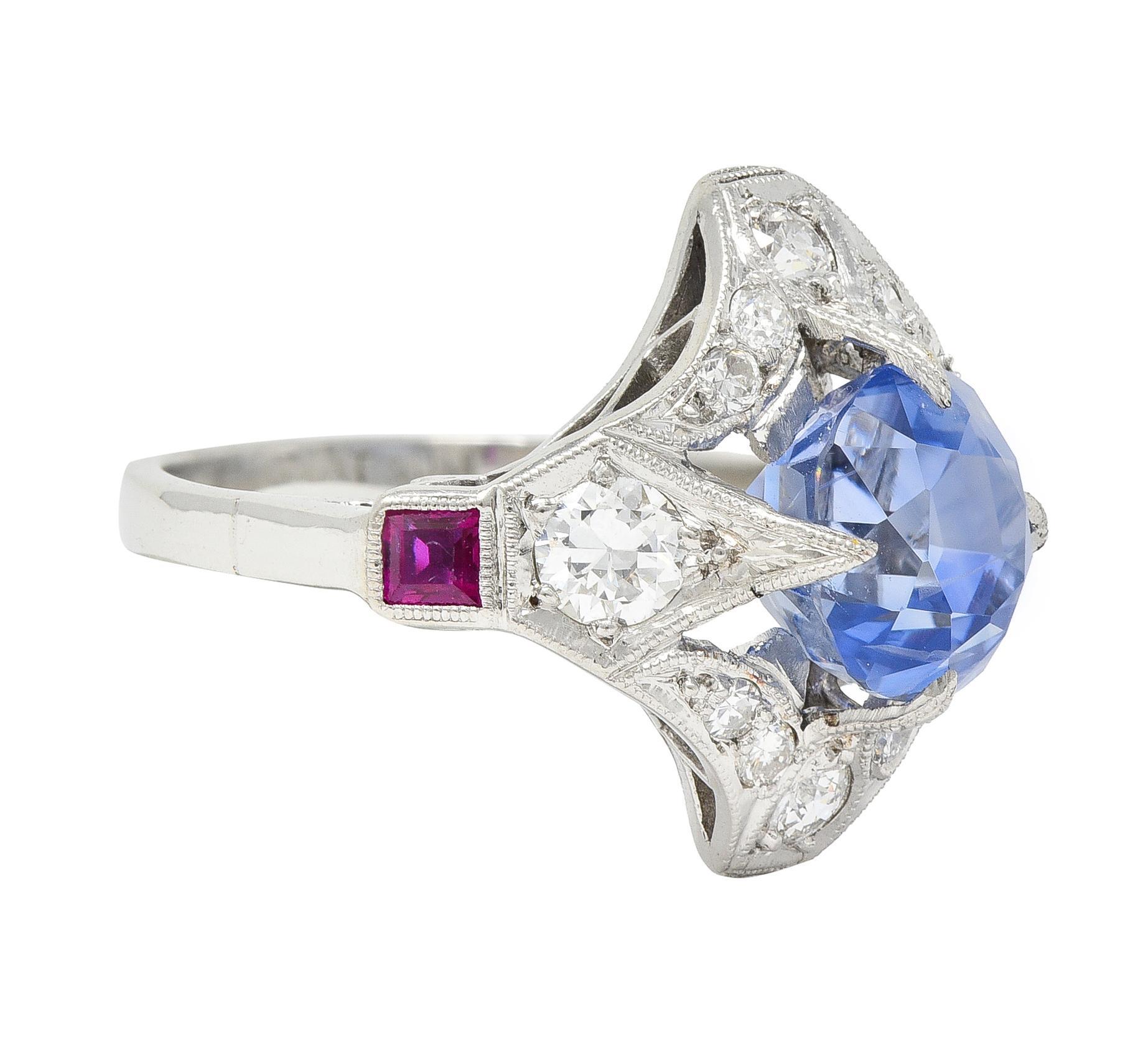 Art Deco 7.92 CTW No Heat Ceylon Sapphire Diamond Ruby Platinum Vintage Ring GIA In Excellent Condition For Sale In Philadelphia, PA