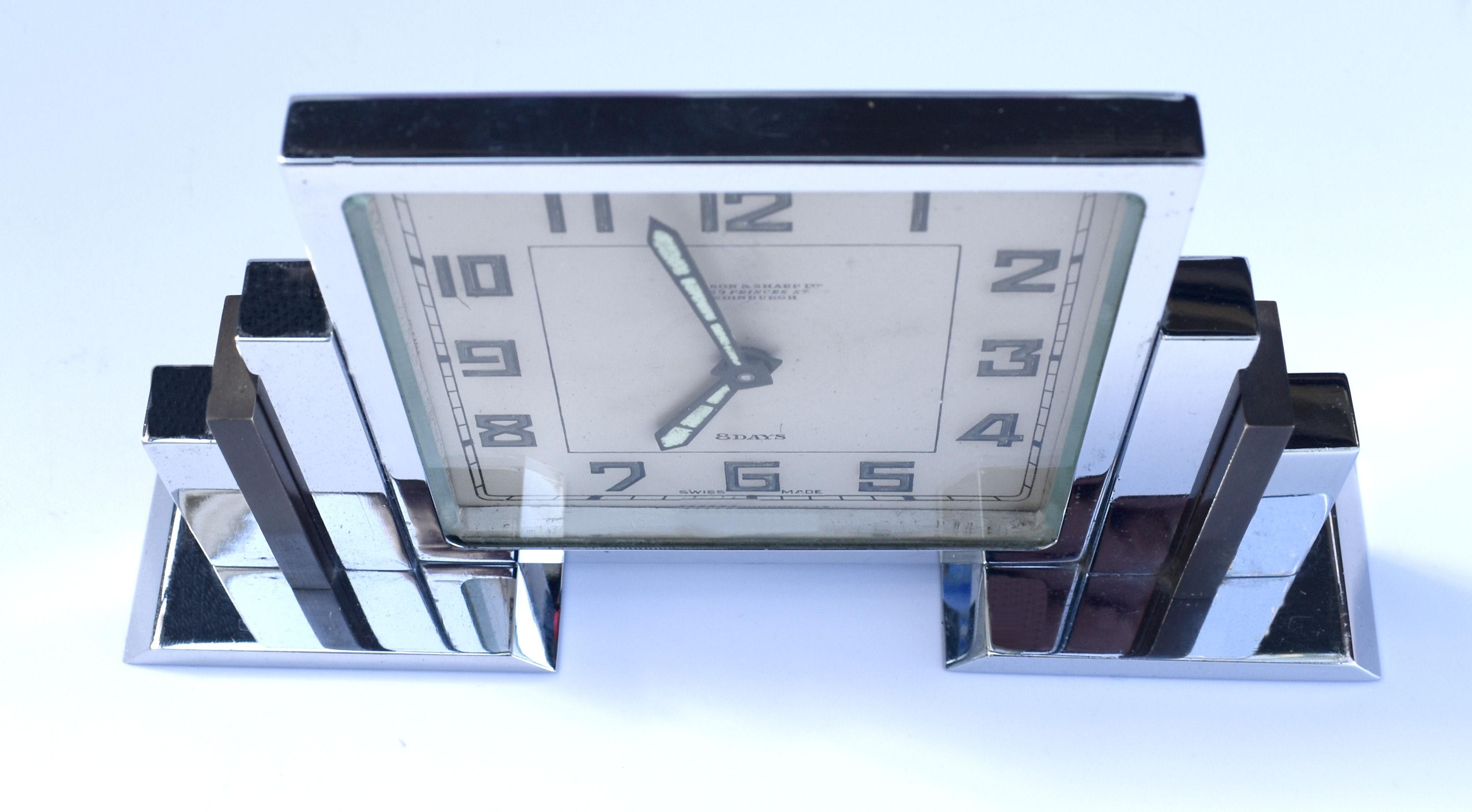20th Century Art Deco 8 Day Chrome Cased Skyscraper Clock, c1930