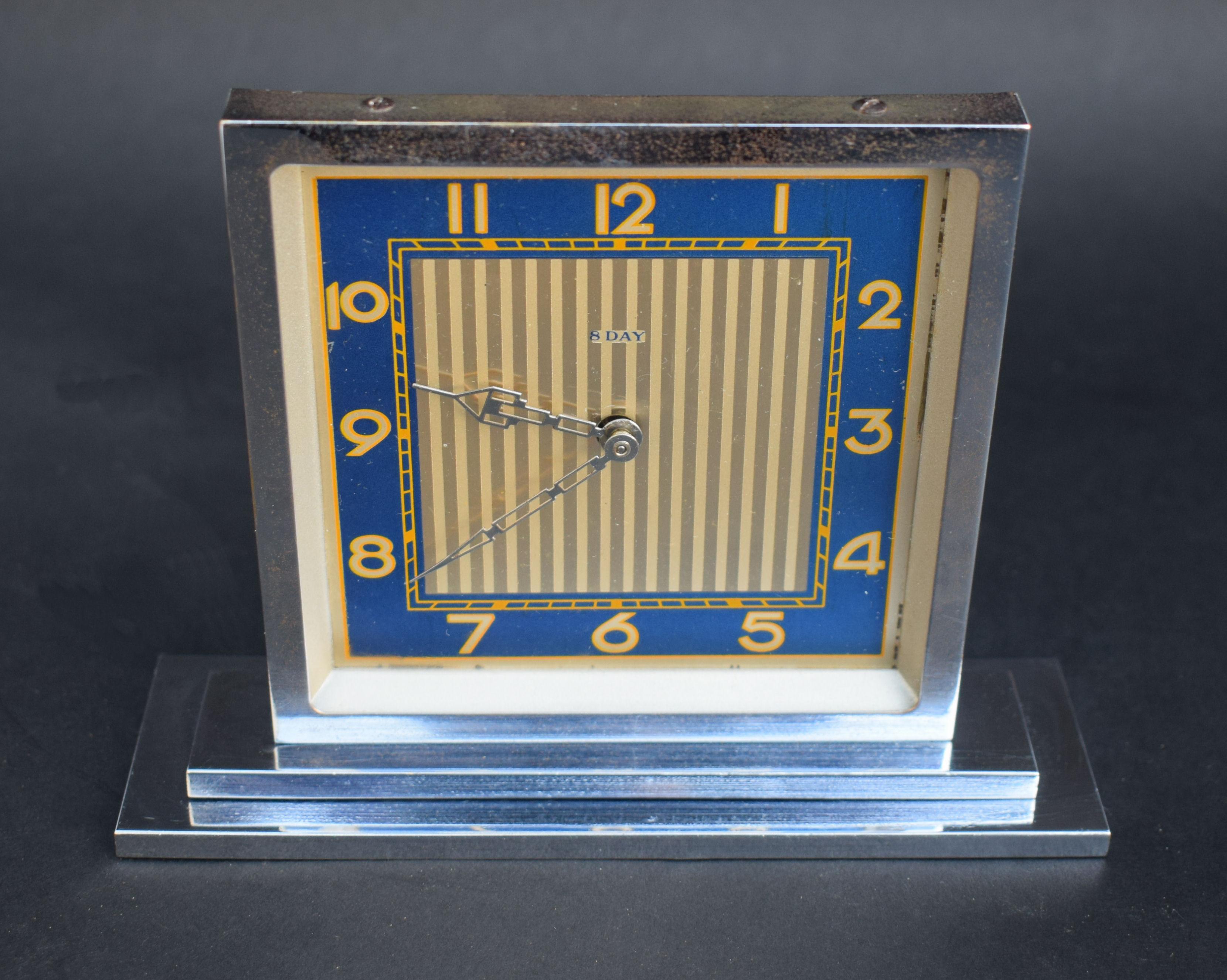 Original 1930s Art Deco chrome desk/ table clock with a modernist feel. Perfect size for desk or table, recently serviced so is in good working order and keeps good time. 90 odd years old this clock will live another life time. Beautiful vivid blue