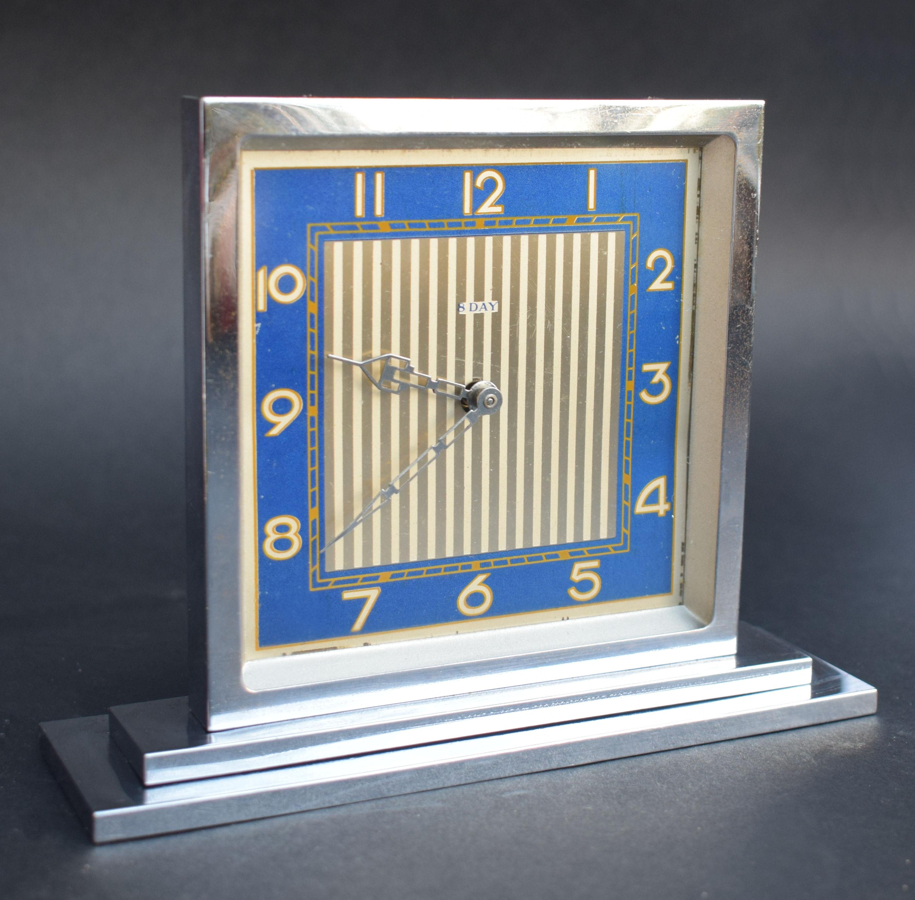 English Art Deco 8 Day Chrome Desk Clock, circa 1930