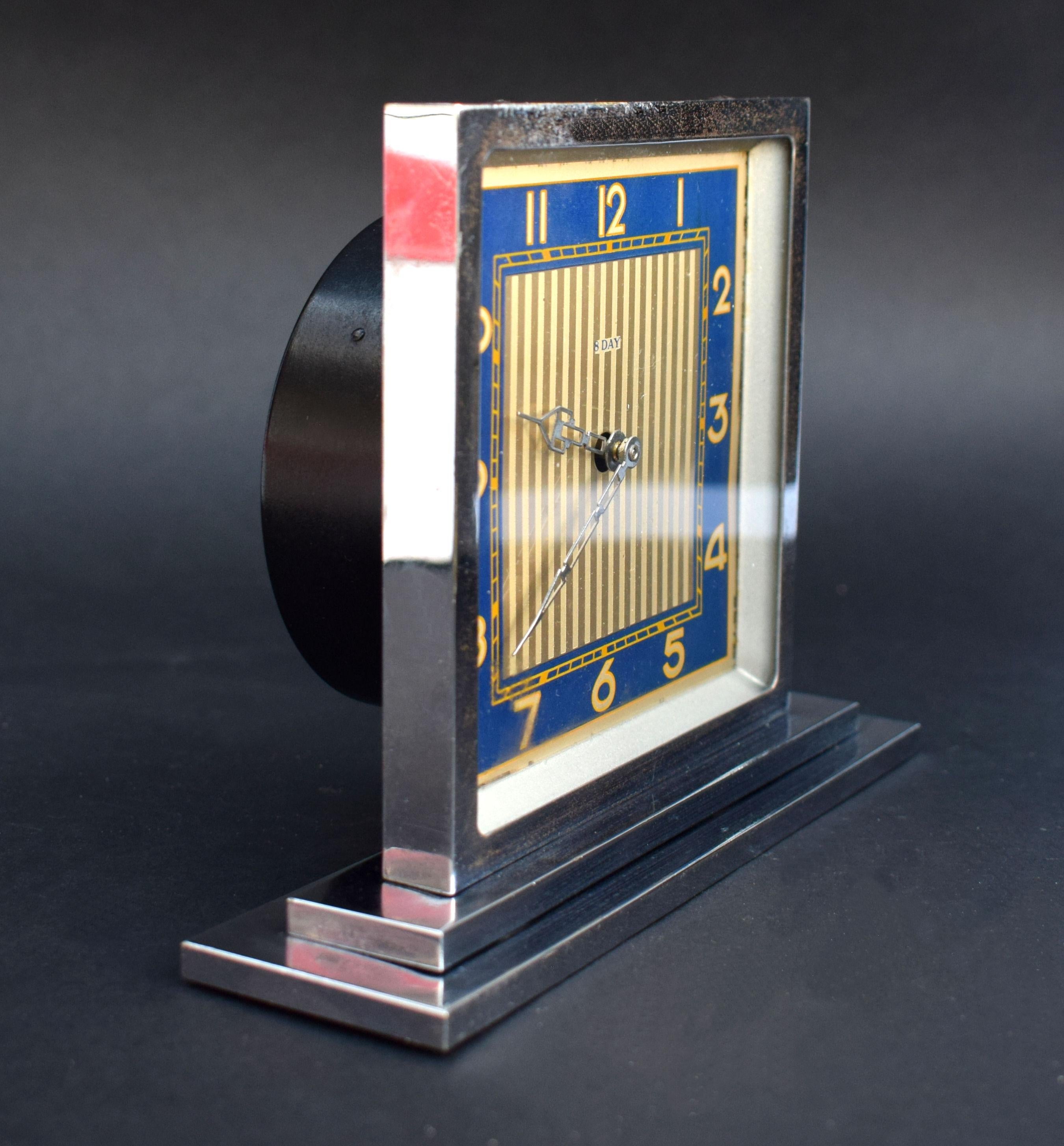 Art Deco 8 Day Chrome Desk Clock, circa 1930 In Good Condition In Devon, England