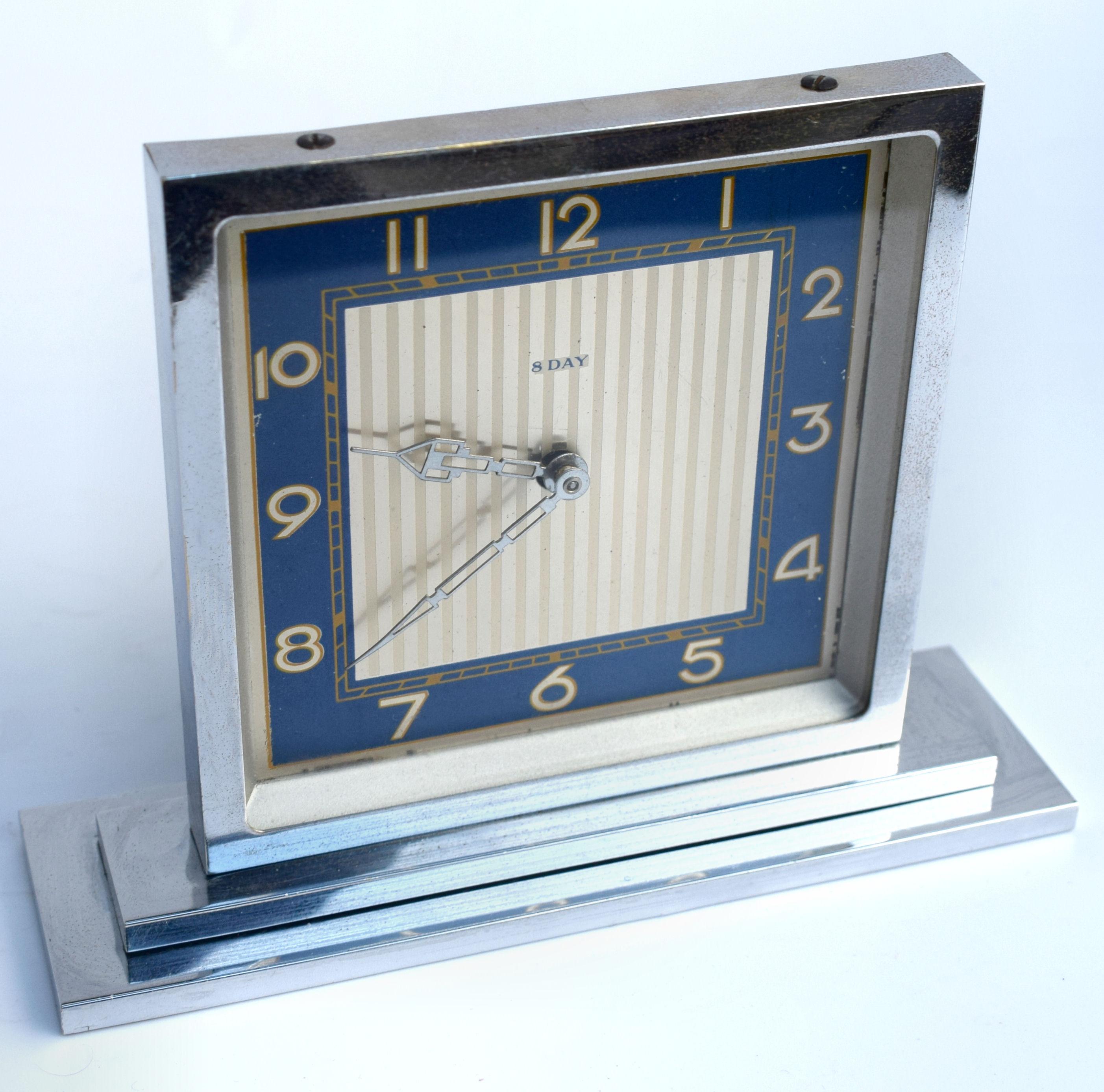 Glass Art Deco 8 Day Chrome Desk Clock, circa 1930