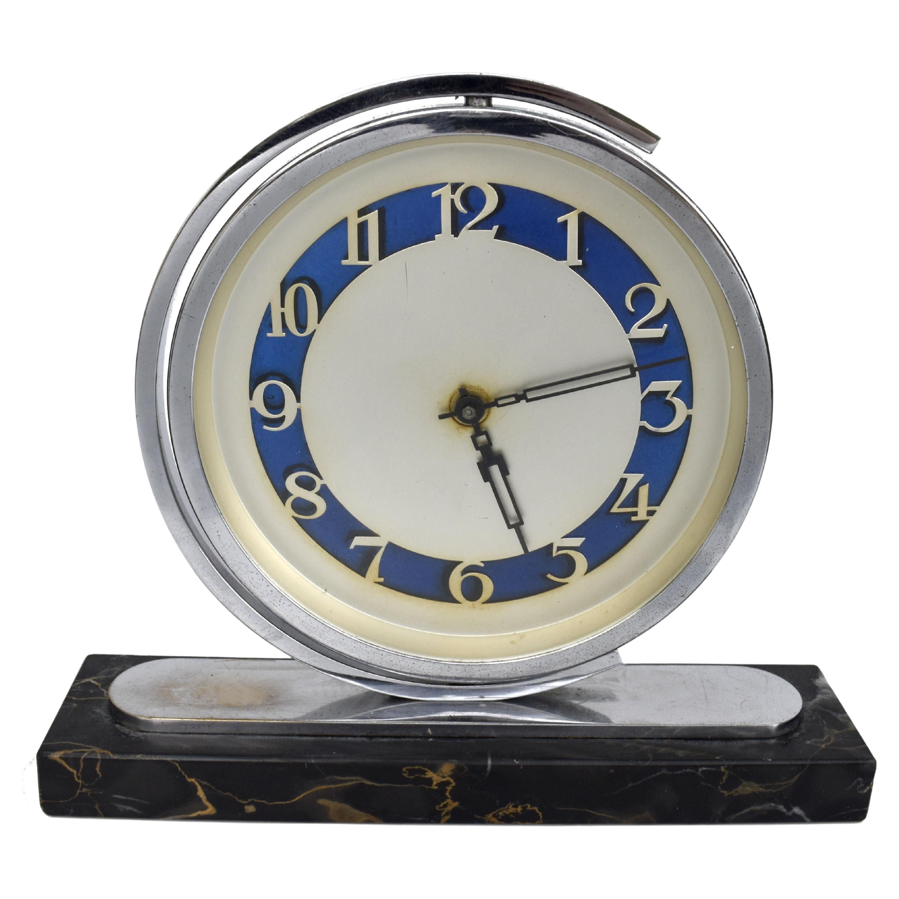 Jean E. Puiforcat, Art Deco Desk Clock, Marble and Nickel Plate, France